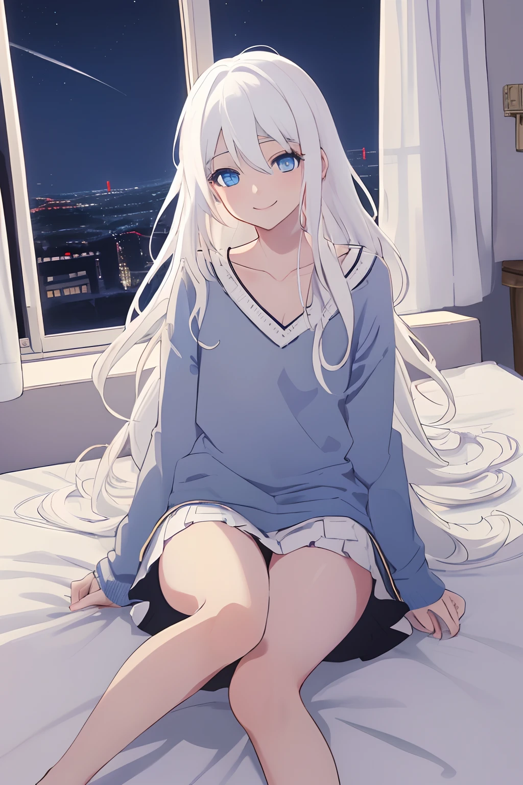 Chica anime, ((Masterpiece), (Best Quality)) (super detailed), ((((solo)))), fullbody, ((((white hair)))), long hair, ((((blue eyes)))), sleepy, smile, 18yo, pajamas, v-neck sweater, wide sleeve, mini skirt, Hip Length, sleeves_past_wrists, bed room, on the bed, (((night))), lying , on back
