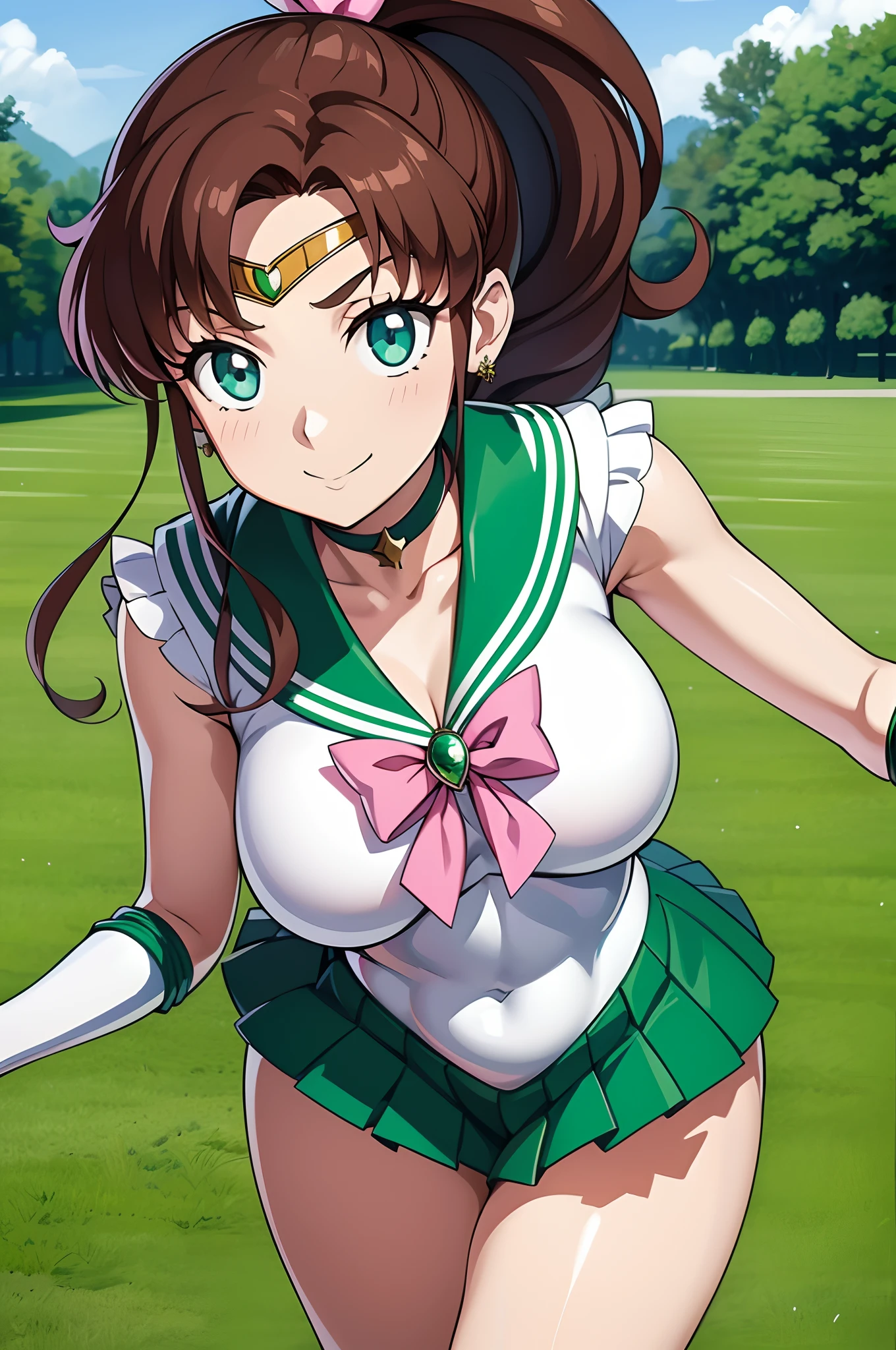 the sailor jupiter、nffsw , Thigh opening、open one's legs、Opening legs、Bare legged、Face exposed to light、Looking at Viewer, View here、Looking at the camera、Raise one leg、Sparkling eyes、Lively eyes、Crisp Contours、Clear contour lines、Clear contour lines、Detailed contours、Blue eyes、Big eyes、Clear eyes、clearly defined eyes、poneyTail、Brown hair、white  leotard、White Gloves、Long gloves、Pink ribbon、a golden tiara、Green brooch、Green sailor color、Green miniskirt、Green pleated skirt、Green elbow pads、Green boots、Sailor Moon、A smile、A smile、Proud face、which are full of confidence々Face、cute  face,((masutepiece)),((Best Quality)),Ultra-detailed,illustratio,explicit,Beautiful body,Beautiful nose,Beautiful character design,Perfect eyes,Perfect face,Wallpaper,超A high resolution,4K,Photography,(Beautiful, Large breasts:1.2),(Beautiful face:1.2),(Beautiful legs, Perfect legs),Shiny skin,official style,1girl in,​masterpiece、Top image quality、Detailed details、One girl，Large breasts、grass field、lawn