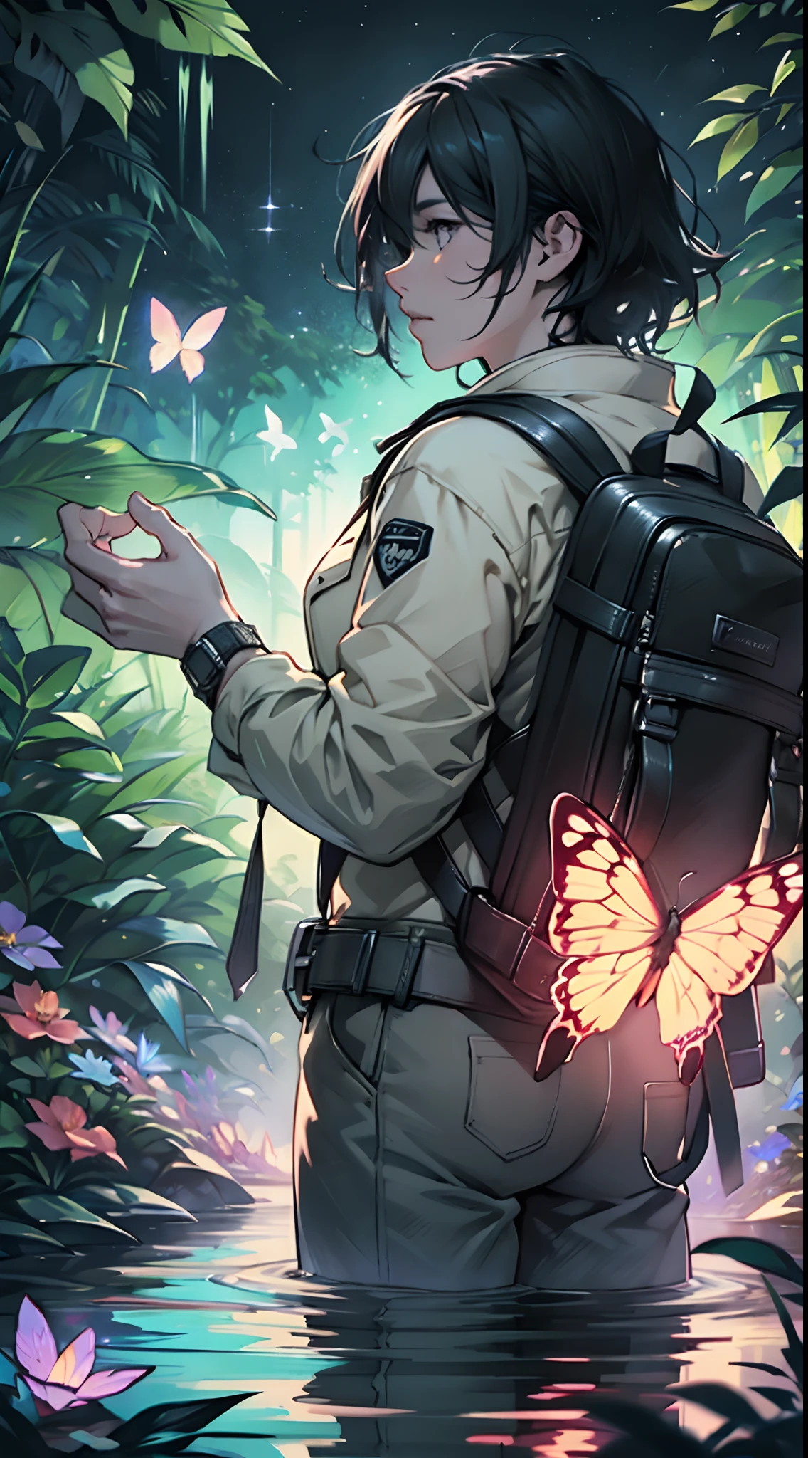((best qualtiy)), ((tmasterpiece)), (A detailed:1.4),Enhanced dynamic perspective,jungles,nighttime scene,starrysky,(darkly:1.4),((Baby adventurer standing in front of supergiant butterfly,Butterflies spread their huge wings,shimmering under the moonlight,A starry stream flowed before him)),Crocodiles float on the water,(Adventurer backpack),(weeds),florals,(((adventurer clothing))),Glow effects,super-fine,Works of masters,high qulity,8K分辨率,depth of fields,电影灯光,Epic shooting,high qulity,super-fine,Detailed pubic hair,Accurate,Cinematic lighting
