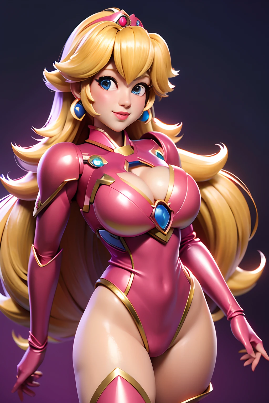 Cowboy shot, princess peach, Mario movie style, 1girl, blond hair, long hair, retro artstyle, black pink Iron man inspired armor, slim waste wide hips, cleavage, night city background