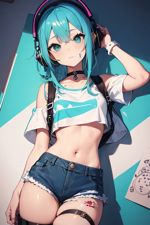 ​masterpiece, top-quality, 1girl, 独奏, croptop, Denim shorts, a choker, (doodle:1.5), Paint Splatter, blue bass guitar, Playing,  Look at viewers, Armbands, thigh strap, Paint on the body, tilt of the head, tedium, O cabelo multicolorido, Aqua Eye, headset on head,