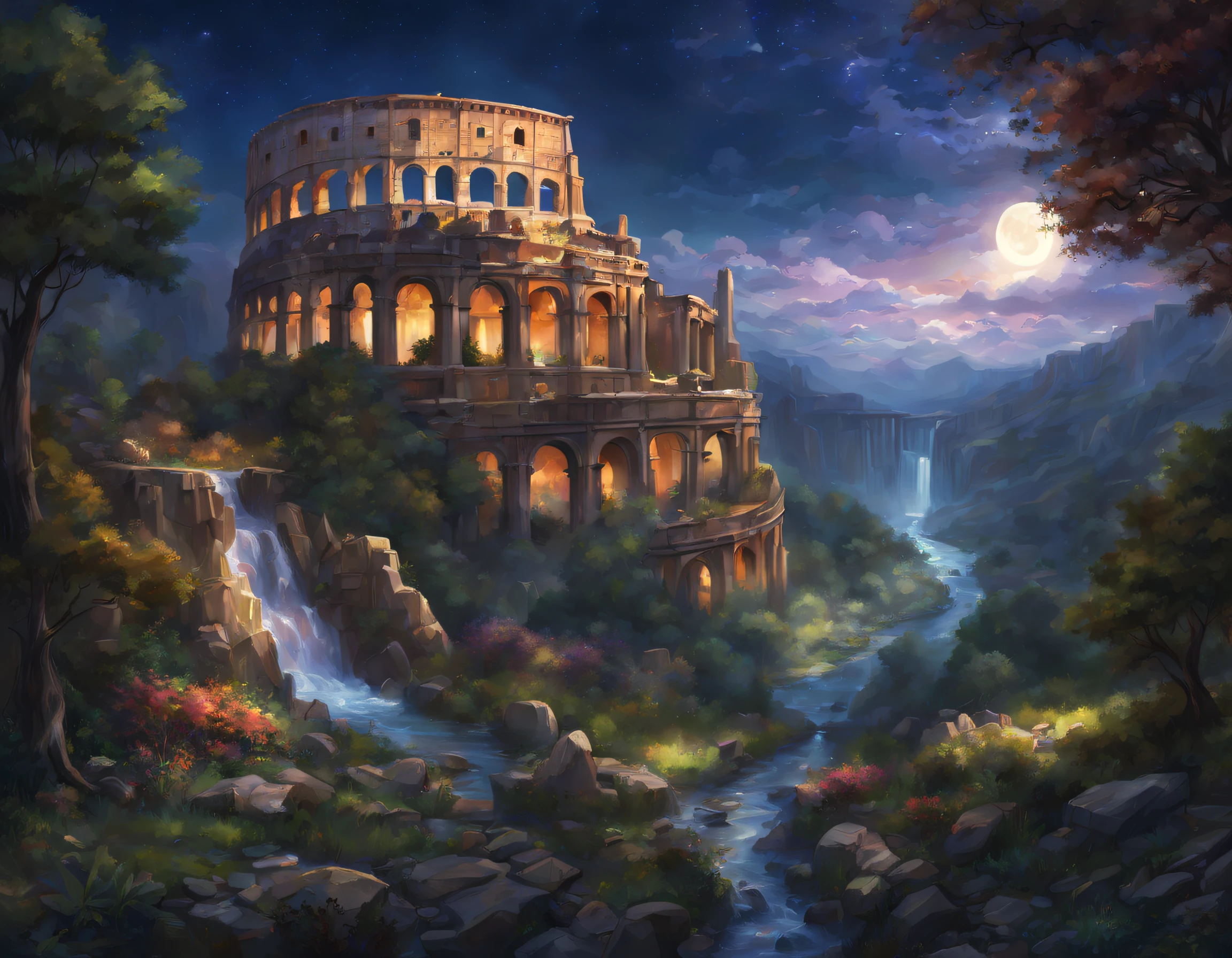 (masterpiece, illustration, best quality, detailed,highres:1.4), in the distance, colorful, vibrant, lush, volumetric lighting, contrast, , From a distance, depth of field , scenery, landscape painting, concept art, intricate tiny details, stylized, , cloudy skies, moonlit night starry skies, Fantasy, ancient kingdom city [colosseum,sagrada,basilica] scenery, snow, waterfall, , blooming trees grass flowers ,  Rocky Mountains and forest snow in the background ,    , (fantasy magic:1.4)