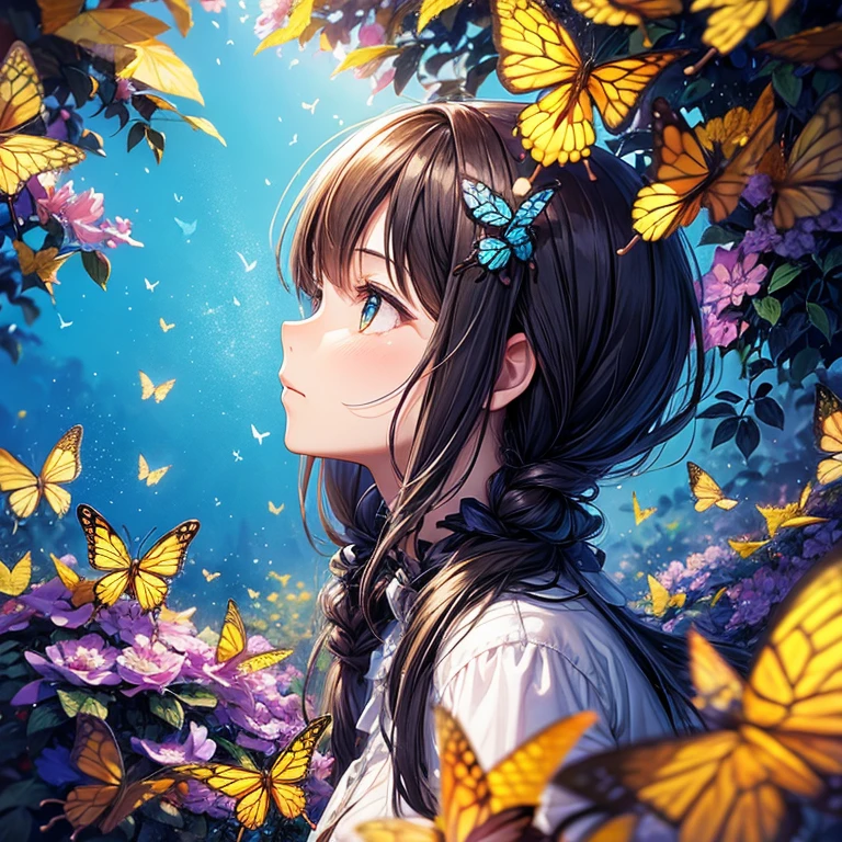 a swarm of butterflies multiple layers, 1girl, profile melting into sky, double exposure