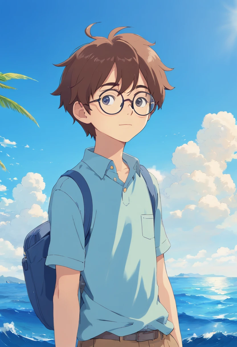 cute boy with glasses。blue sea and clear sky