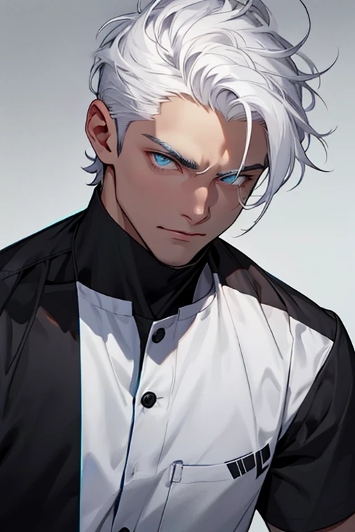 Um jovem, com cabelos pretos  curto, olhos escuros pequenos, olhos puxados, barba curta raspada, corpo alto e magro, olhar bonito e inocente, adorable face, vestindo uma camisa branca casual. olhar para frente, rosto de frente, frontal, (white hair, hair cut is very short, almost bald but still has hair left), 17 years old, black shirt, sharp blue eyes, intimidating