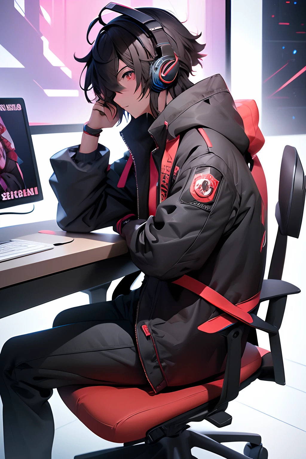 com caracteristicas de anime, crie um homen de cabelos enrolados sentado em uma cadeira gamer usando um headset (fone gamer) olhando de lado, comfortable sitting on the chair, full hd, detalhado, 4k, homen sentado