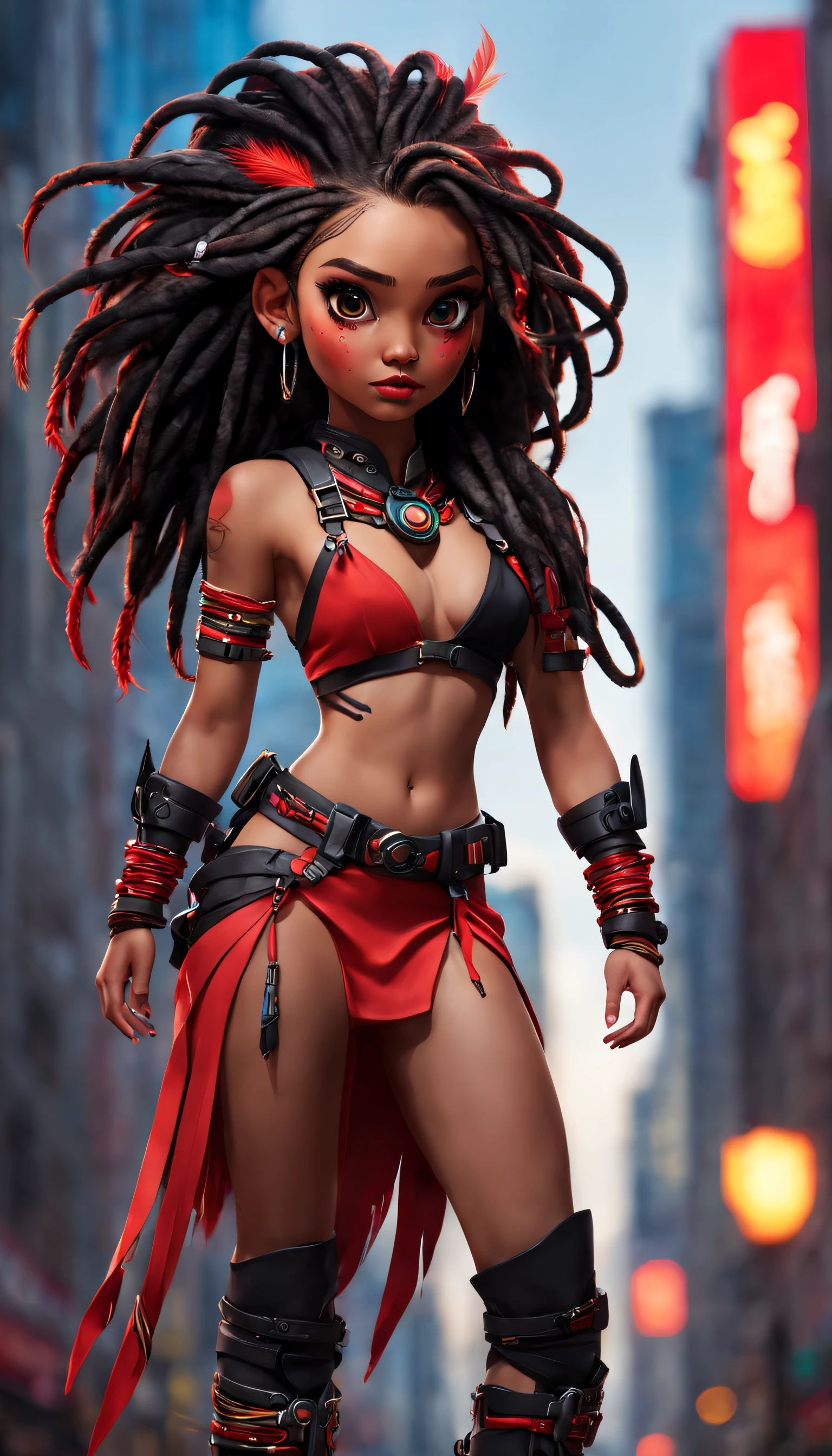 (best quality,highres,ultra-detailed,realistic:1.2),HDR,16k, UHD,studio lighting,extreme detail description,professional,vivid colors,bokeh,full body.
An indigenous girl in a futuristic world, wearing a red and black harness on top. Her long dread hair adorned with feathers cascades down her back. She confidently walks in high heels boots, each step echoing with authority. Her arm is adorned with unique accessories, showcasing her cultural heritage. The intricate patterns on her arm speak volumes about her lineage and traditions.
The girl stands against the backdrop of a futuristic cityscape. Tall sleek buildings touch the sky, their vibrant lights illuminating the surroundings. The city bustles with life and energy as flying vehicles whiz past, leaving trails of colorful streaks.
The girl's eyes captivate with their piercing intensity, reflecting both strength and wisdom. Her lips, delicately curved, hold the secrets of her story. Every detail of her face is meticulously crafted, ensuring breathtaking realism.
The overall composition bathes in vivid colors, with a strong emphasis on contrasting red and black tones. The lighting highlights the girl's features, casting soft shadows and adding depth to the scene. The bokeh effect adds a touch of magic, creating an ethereal atmosphere.
In this portrait, the fusion of indigenous culture and futuristic aesthetics creates a unique and captivating image. The girl's presence exudes power and resilience, symbolizing the inherent strength found in the convergence of tradition and progress.