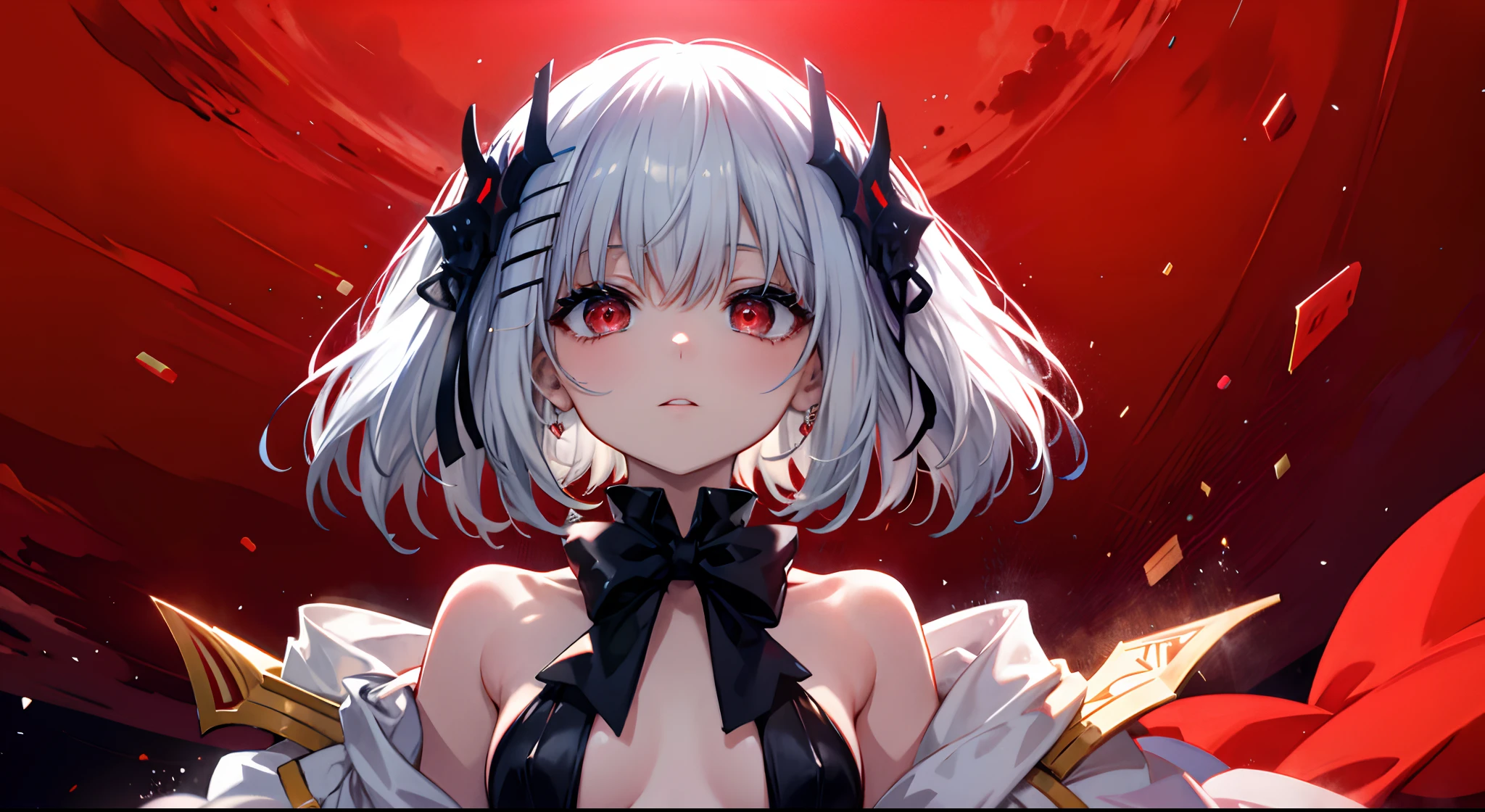 masterpiece, top-quality, animesque ,deadpan, Daytime, red eyeshadow Red eyeliner: 1.2, ((8K)),small tits:4.5,(NSFW:1.0),Red light、silber hair