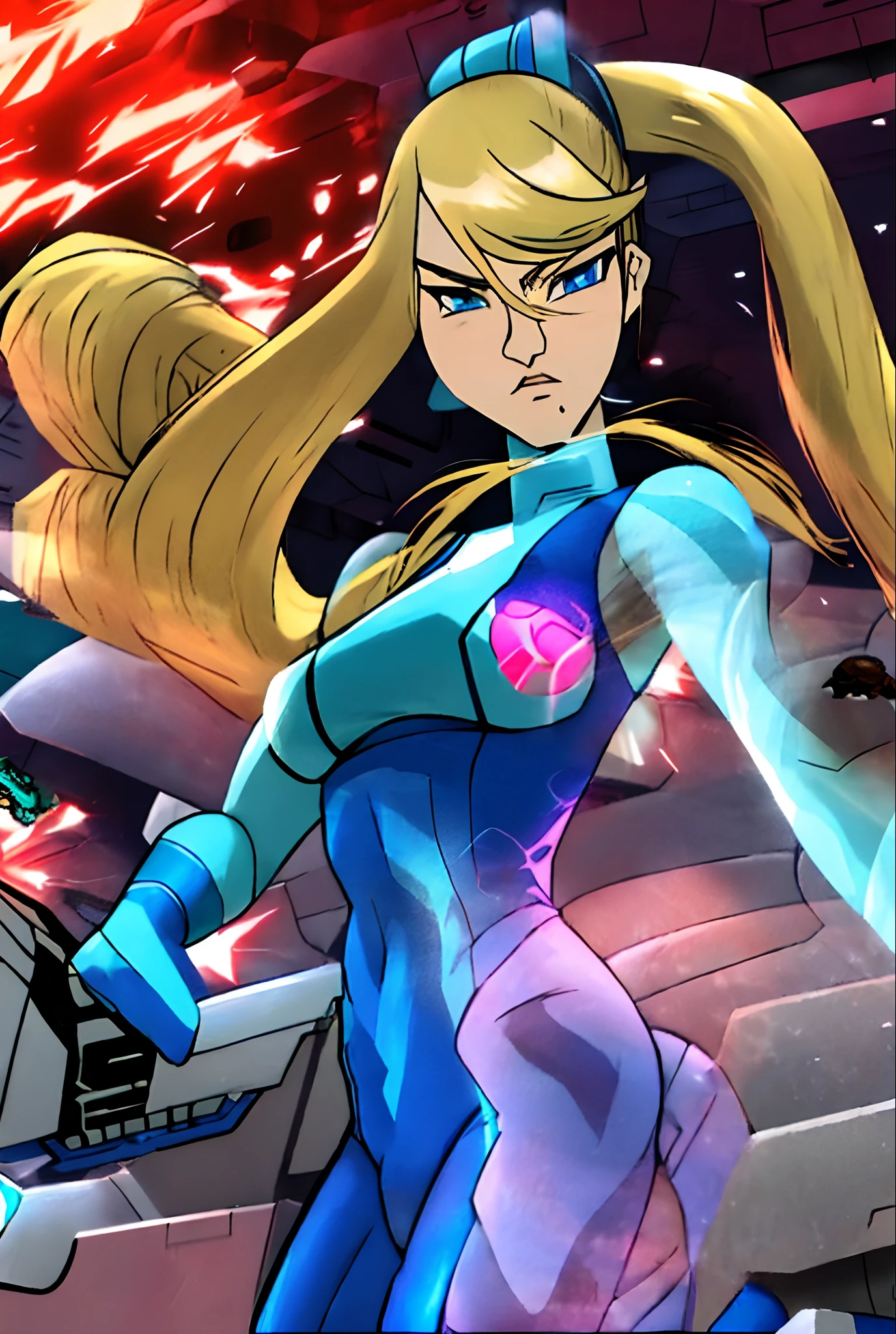 gmasterpiece, best quality,tcw2003  samus
mole
zero suit
blue eyes
ponytail
gun