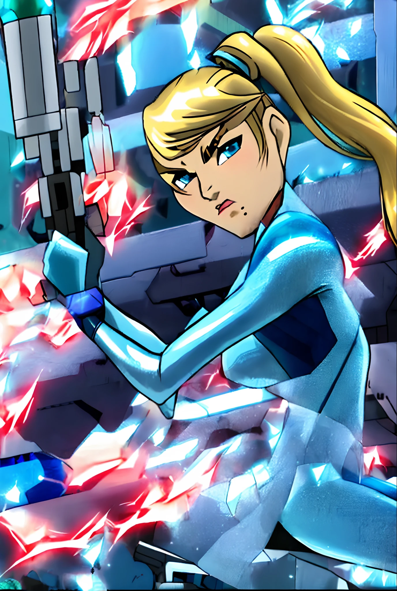 gmasterpiece, best quality,tcw2003  samus
mole
zero suit
blue eyes
ponytail
gun