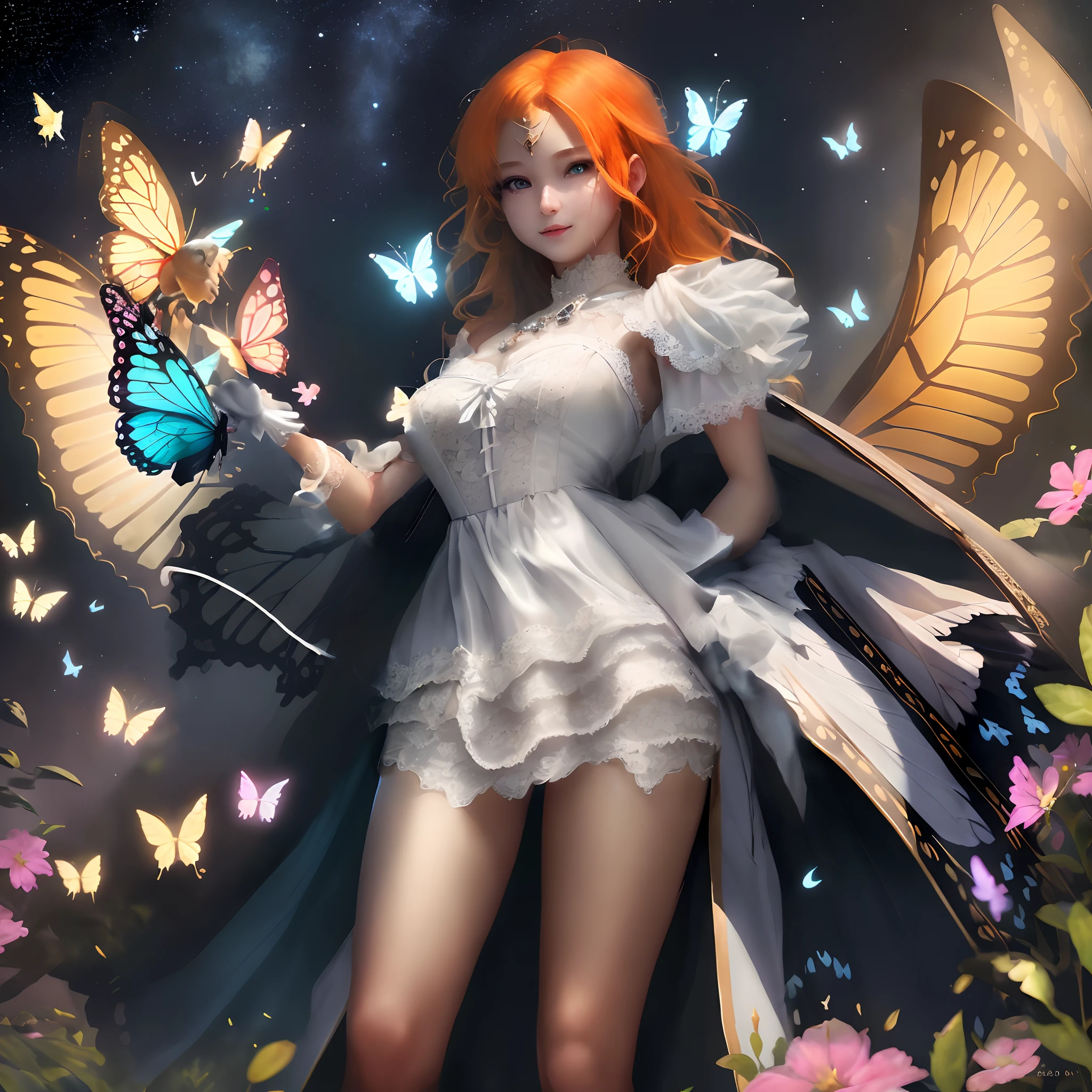 Starry sky full of small glowing butterflies、Aerial view of many small glowing butterflies、Whole body、8K、realphoto、超A high resolution, Master Parts, Best Quality, nffsw , cinematic images,Lovely girl、ann、16years old、Anglo-Saxon、aviation corner、Flying Angel、Whole body、8K、realphoto、超A high resolution, Master Parts, Best Quality, nffsw , cinematic images,Lovely girl、ann、16years old、Anglo-Saxon、Green eyes、二重まぶた、very droopy eyes、(very, Very big eyes:1.8)、Dark eye shadow、The lips are very thin、The tip of the nose stretches beautifully...、the tip of the nose is small,,,,, ighly detailed , Gold Hair、Straight hair、Very smile、 Sweet look 、a very beautiful woman、legs are long、 Very clear shadows , jewely , A detailed eye, very intricate, shiny skins , Perfect Brilliant, Perfect Lighting, Dramatic shadows ,White tiara on head、Greek see-through white dress、The back of the dress is wide open、Small angel wings on the back of the shoulders、The chest and waist of the dress are white lace、Underneath the dress is a white miniskirt、Lace white gloves、holding a bouquet of white flowers with both hands、White see-through veil from the back of the head、Silver necklace around the neck、Lean、二重まぶた、very droopy eyes、(very, Very big eyes:1.8)、Dark eye shadow、The lips are very thin、The tip of the nose stretches beautifully...、the tip of the nose is small,,,,, ighly detailed , Gold Hair、Straight hair、Very smile、 Sweet look 、a very beautiful woman、legs are long、 Very clear shadows , jewely , A detailed eye, very intricate, shiny skins , Perfect Brilliant, Perfect Lighting, Dramatic shadows ,White tiara on head、Greek see-through white dress、The back of the dress is wide open、Small angel wings on the back of the shoulders、The chest and waist of the dress are white lace、Underneath the dress is a white miniskirt、Lace white gloves、holding a bouquet of white flowers with both hands、White see-through veil from the back of the head、Silver necklace around the neck、