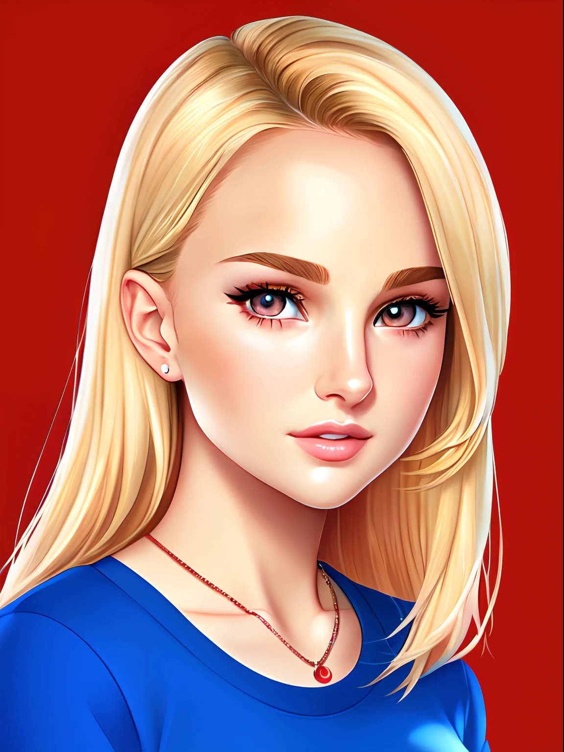 (blond girl,,natalie portman:1.1),blue shirt,red background,brown eyes,cute girl,cartoon artstyle,digital illustration style