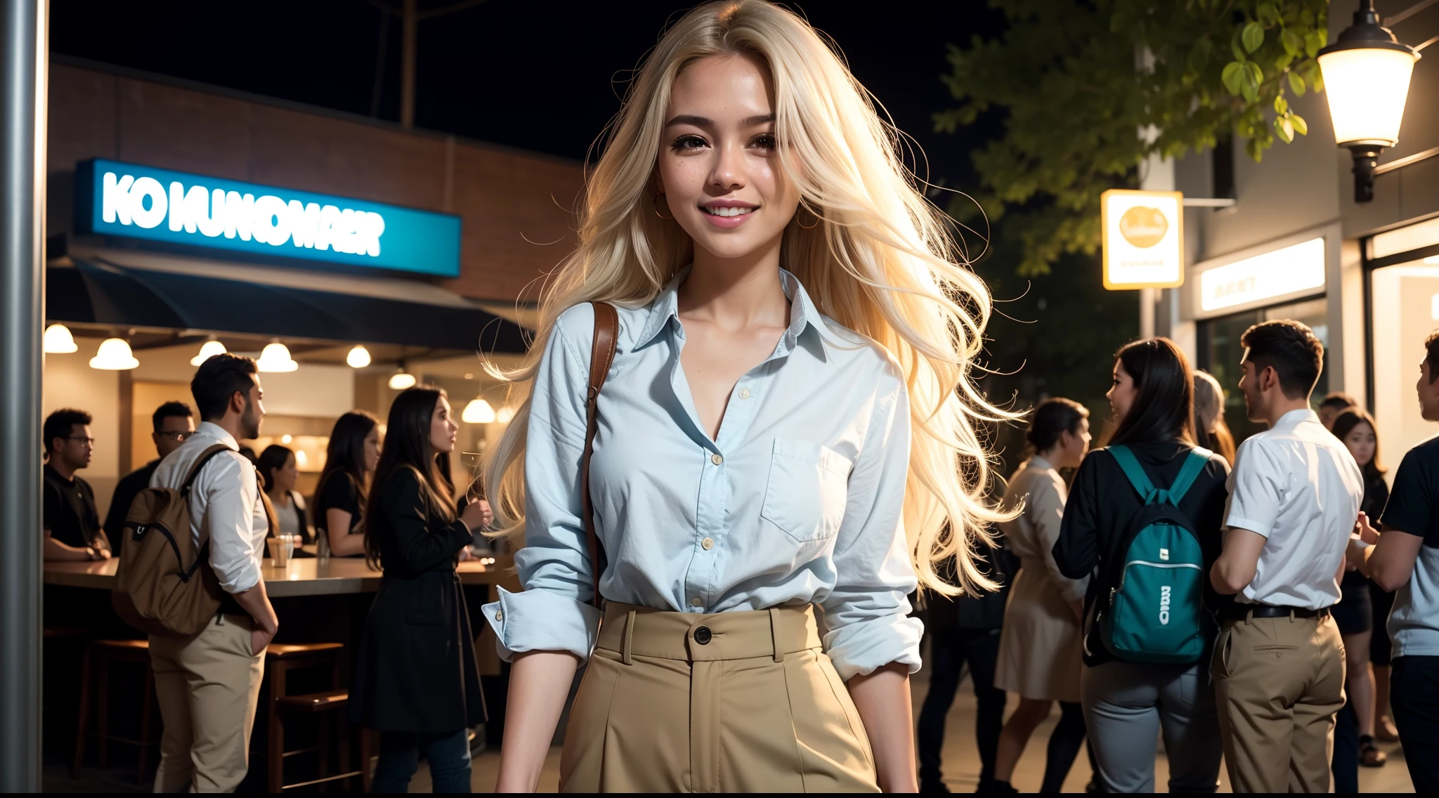 Malay girl very long white shiny hair, wear small floral pastel green color shirt and High Waist Plicated brown Suit Pants , laughing and posing with both hand on top of her head, touching her own white hair, very long white hair, wear backpack, front view, very long wavy white hair, messy hair, hair blown, windy, detail skin, age spot, detail skin texture, mole below eyes, small breast, flat chest, wide hips, small waists, thick thighs, slim abs, beautiful body, nighttime, laughing, happy, bright lighting, college student in background, crowded cafe, blur background, bokeh, camel toe, 35mm lense, low angle Shot, Deep Focus cinematography effect, Natural Lighting, cool-toned color grading, high quality, ultra detail, 8k resolution, using Canon EOS C700,