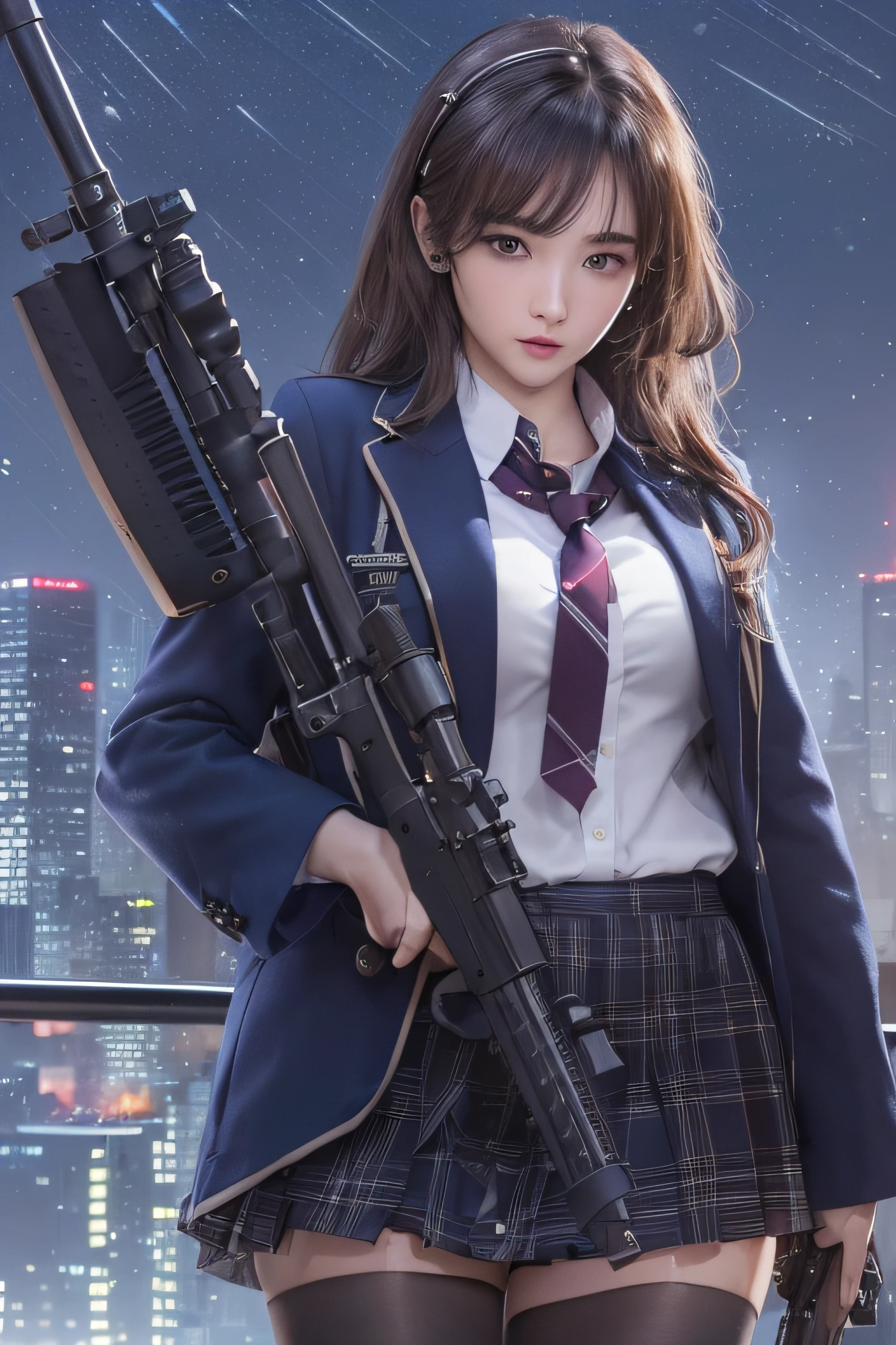 1womanl、(Super beautiful)、(beauitful face:1.5)、(A detailed face:1.2)、is standing、(high-school uniform)、Dark blue jacket、white shirt、neck tie、Plaid mini skirt、Brown hair、(Dark makeup)、(holding rifle)、(Aim your rifle:1.5)、h&K HK416、(On the roof of a high-rise building)、(Night:1.2)