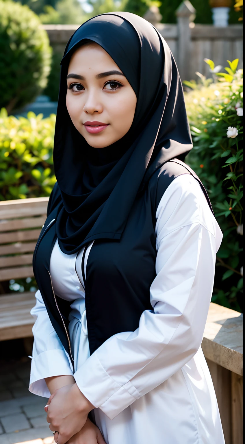 1malay girl , modern plain hijab, shy, medium portrait shot , watery eyes ,lip watery, lip glossy, open mounth, ((big breast)),women malay girls standing and posing in garden, wearing hijab and jacket with layered shirt skirt, smiling,big breast, perfect body, detailed skin texture, professional lighting, bokeh, morning, soft lighting, blurred background, portrait photography , medium shot