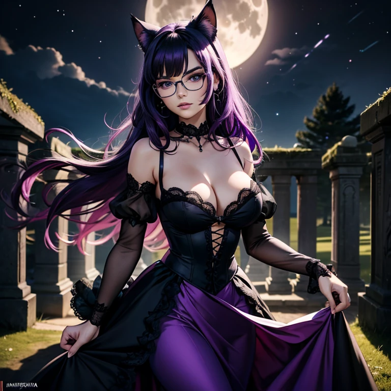 une femme adulte avec des lunettes dans un parc ,Black wedding dress with sleeves, Robe moulante, robe près du corps, black wedding viel, ta , gothiques, long Dress, Bending in front of camera , cat ears, Dark and purple hair, cheveux noirs et mèches violettes, oreilles de chat sur la tête, gros seins, belle poitrine , Décolleté important, Avatar de seconde vie, Belle capture d’écran, charme , Seconde vie, femme séduisante, portant des lunettes noires brillantes, Full Moon, Dark Sky, Night, objectif sur sa poitrine, se penche en direction du photographe, regarde le photographe
