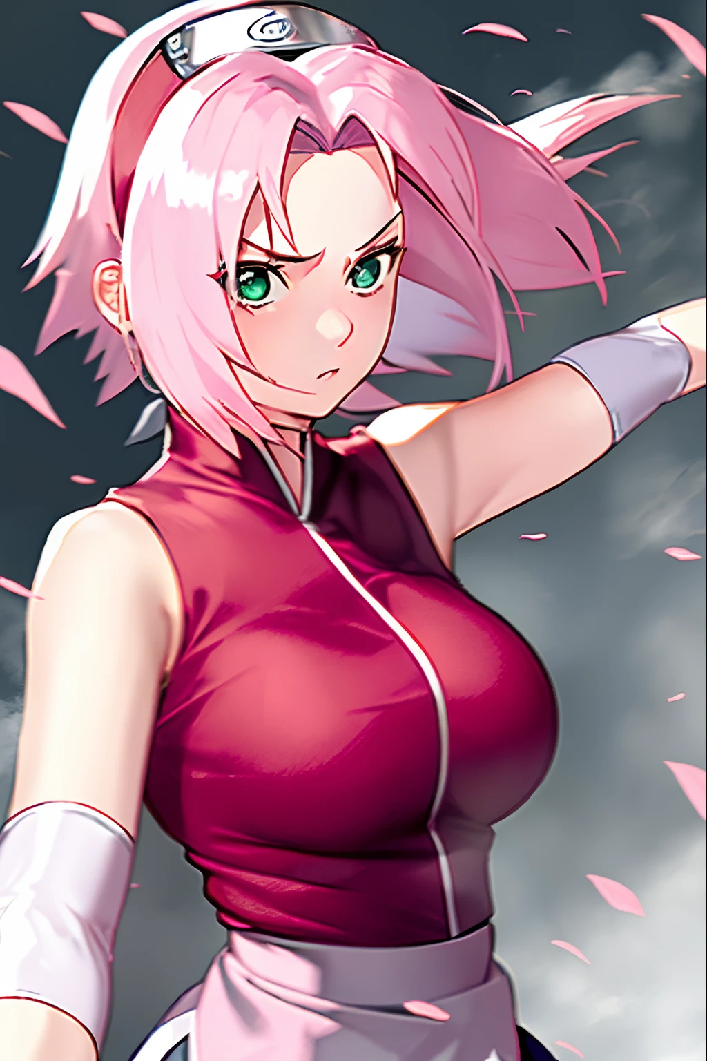 haruno sakura, naruto \(series\), naruto shippuuden, anime art style, masterpiece, 

looking at viewer, upper body, 

fighting pose, clenched hands, closed hands, contracted fingers, arm stretched out, raised fist, about to punch, detailed fist,  focus fist,

red shirt, shirt, short hair, sleeveless, sleeveless shirt, forehead protector, hairband, konohagakure symbol on hairband, 

1girl, solo, bangs, breasts, closed mouth, elbow sleeve, eyes visible through hair, floating hair, foreshortening, green eyes, hair intakes, parted bangs, pink hair, small breasts, v-shaped eyebrows, detailed background, outdoor, cherry blossoms, sky, cloud, wind, day, sunlight, ((large breasts)),