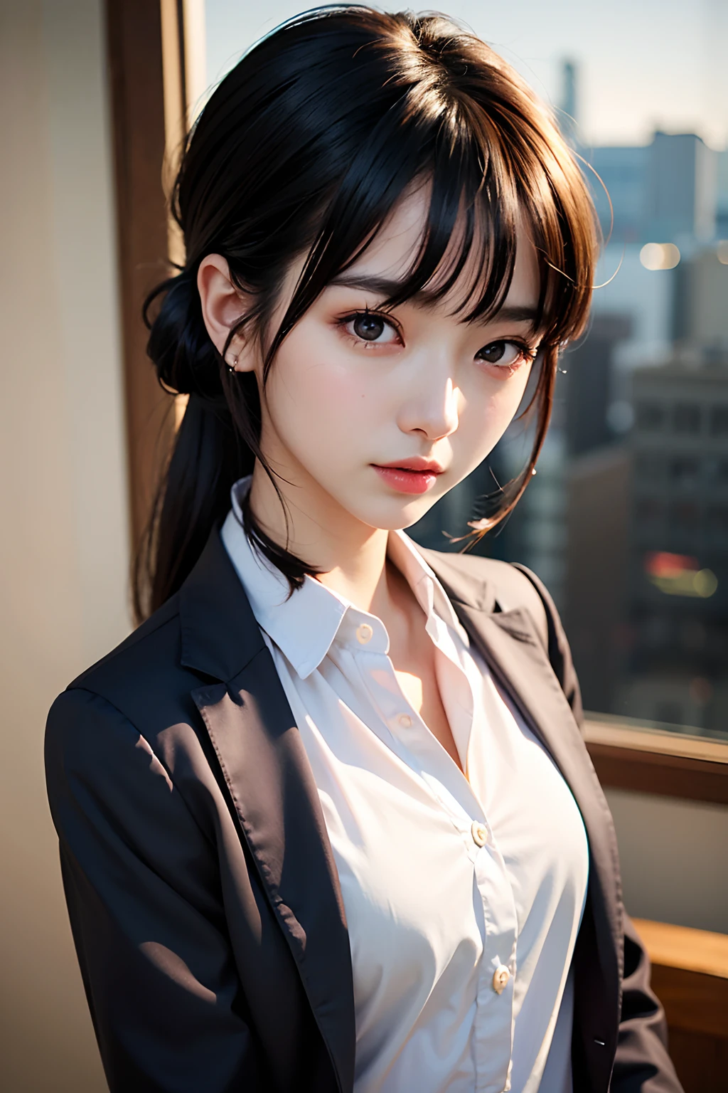 超A high resolution、​masterpiece、top-quality、
extra detailed face、A detailed eye、Very complex and、perfect glossy shiny skins、Perfect litthing、Detailed Lighting、Dramatic shadows、光线追踪、sixteen years old、
1 girl in、Half-up hairstyle、The upper part of the body、Black tailored jacket、white  shirt、looking at the viewers、(A slight smil:0.4)