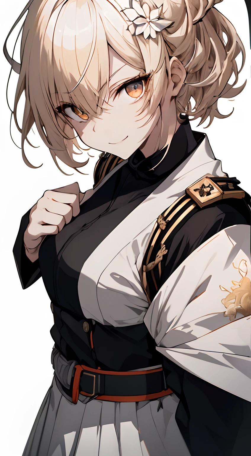 Full body, White one-piece military uniform, Jet black head of hair,(masutepiece:1.2, Best Quality), (finely detailed beautiful eye: 1.2), (beautifull detailed face), High contrast, (Best Illumination, extremely delicate and beautiful), ((Cinematic Light)), Dramatic light, Intricate details,dark orange eyes, Shining eyes,Short stature, Smaller chest、Belt under the chest、White military uniform, White skirt,blonde hair, Black tie, (Pale white background:1.5), Wolf cut hair, accurate hands, Look at me and smile, ruddy skin, Japanese Katana Sword, Samurai sword,Dynamic Posing,