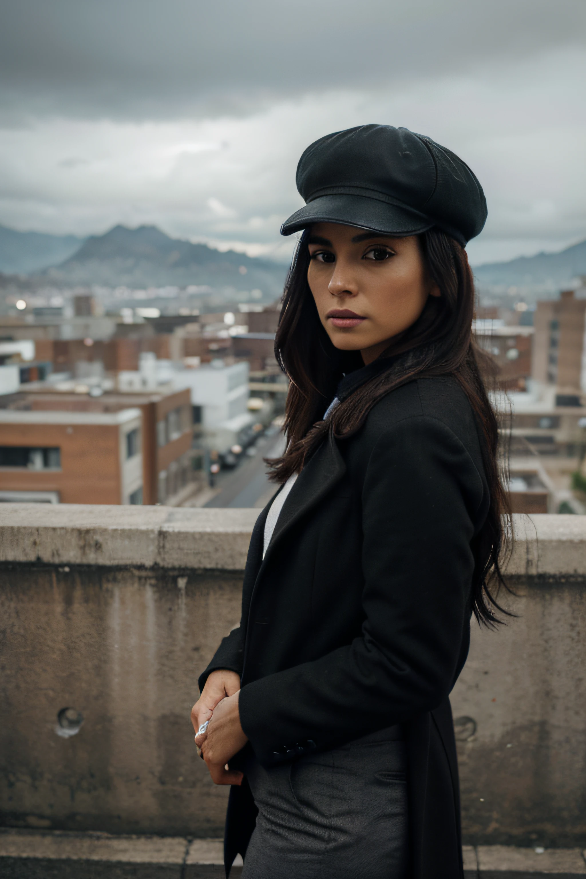 Beautiful 30 years old Mexican woman named Panam Ramirez, poses in the city of Birmingham, black coat, grey pants, white sweater, Peaky Blinders cap, serious look, RAW photo, dynamic pose, long black hair, high detail face, direct look, high detail hands, high detail eyes, ultrarealistic, full posture photo, Nikon, dark shot, ultra detail, 4K cinematic