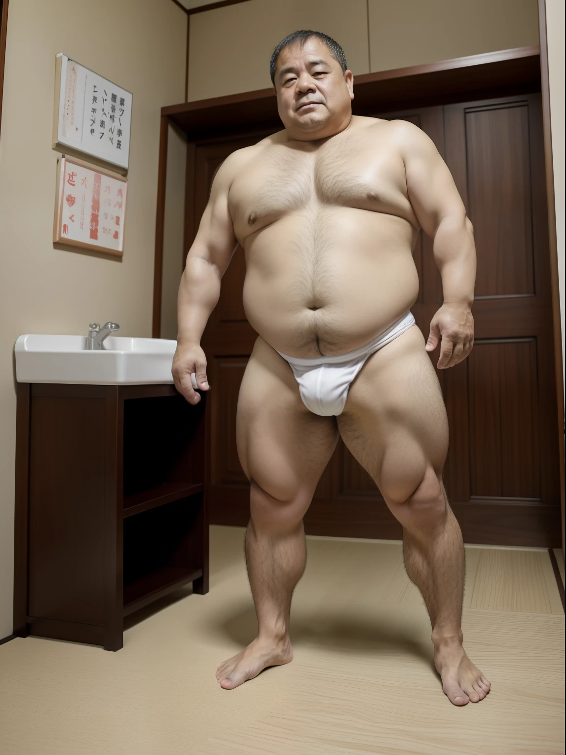 Thick Japan middle-aged man in his 50s, 1man, dwarfism, Standing look down with shrugs, hands between legs, waddle, potty training, crew cut, Wearing a white Briefs, Pampers, shirtless, Bare legs, shy, tearful, sob, Bowleg, nursery school, a picture, high detail photo, Masterpiece