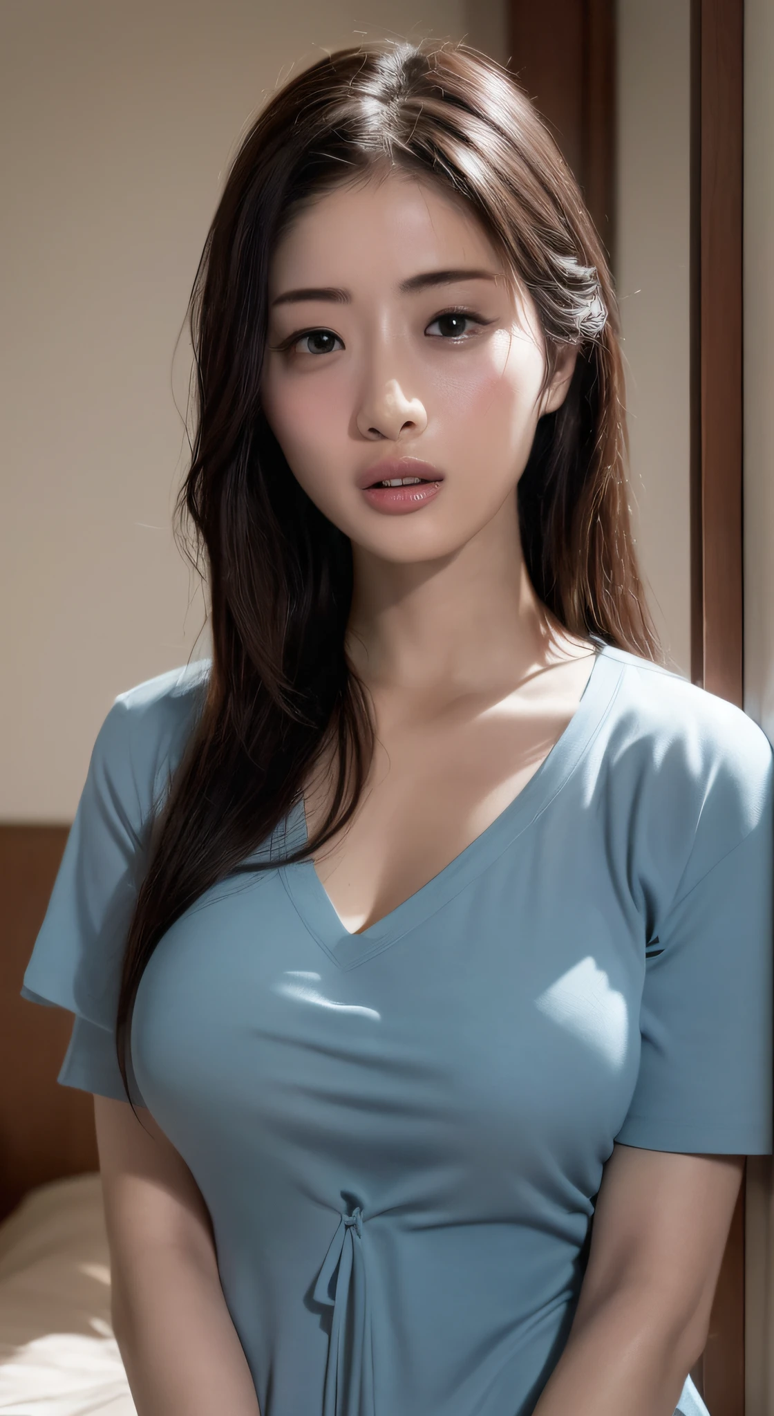 8K, RAW photos, Best quality, Masterpiece: 1.2),(best qualtiy，8K, Yes，32K，Masterpiece，hyper HD：1.2) , 20 years old, Generate highly detailed and realistic 4K descriptions，Describe women in nurses' uniforms in hospital wards, Attention to every detail, From her outfit to her surroundings, Open V corset，cleavage，Bust and SFW，Oversized breasts，wlop glossy skin, Japanese goddess, Shiny wet skin!!, breasts covered and sfw, photorealistic perfect body, Realistic sensual gravure idol, ultra-realistic picture, an oppai cyberpunk, Beautiful detailed body and face, equal-sized eyes