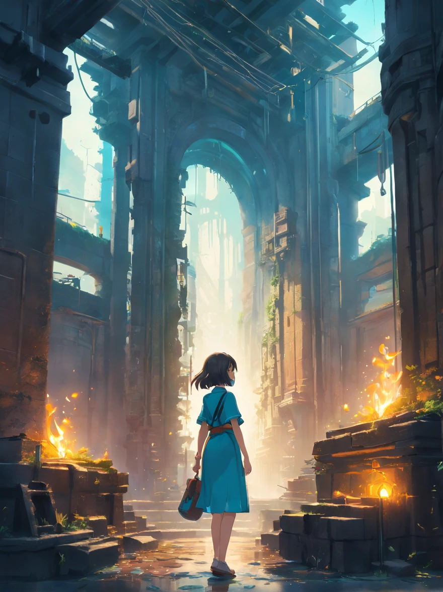 (​masterpiece)、Vast Ancient Dungeon、(Dilapidated Landscape)、megastructure、([bastien lecouffe deharme|Casper David Friedrich ]:1.2)、(Unrealistic Engine Rendering、Photorealistic painting、photorealisim:1.2)、(Mystical)、girl with、Faraway view