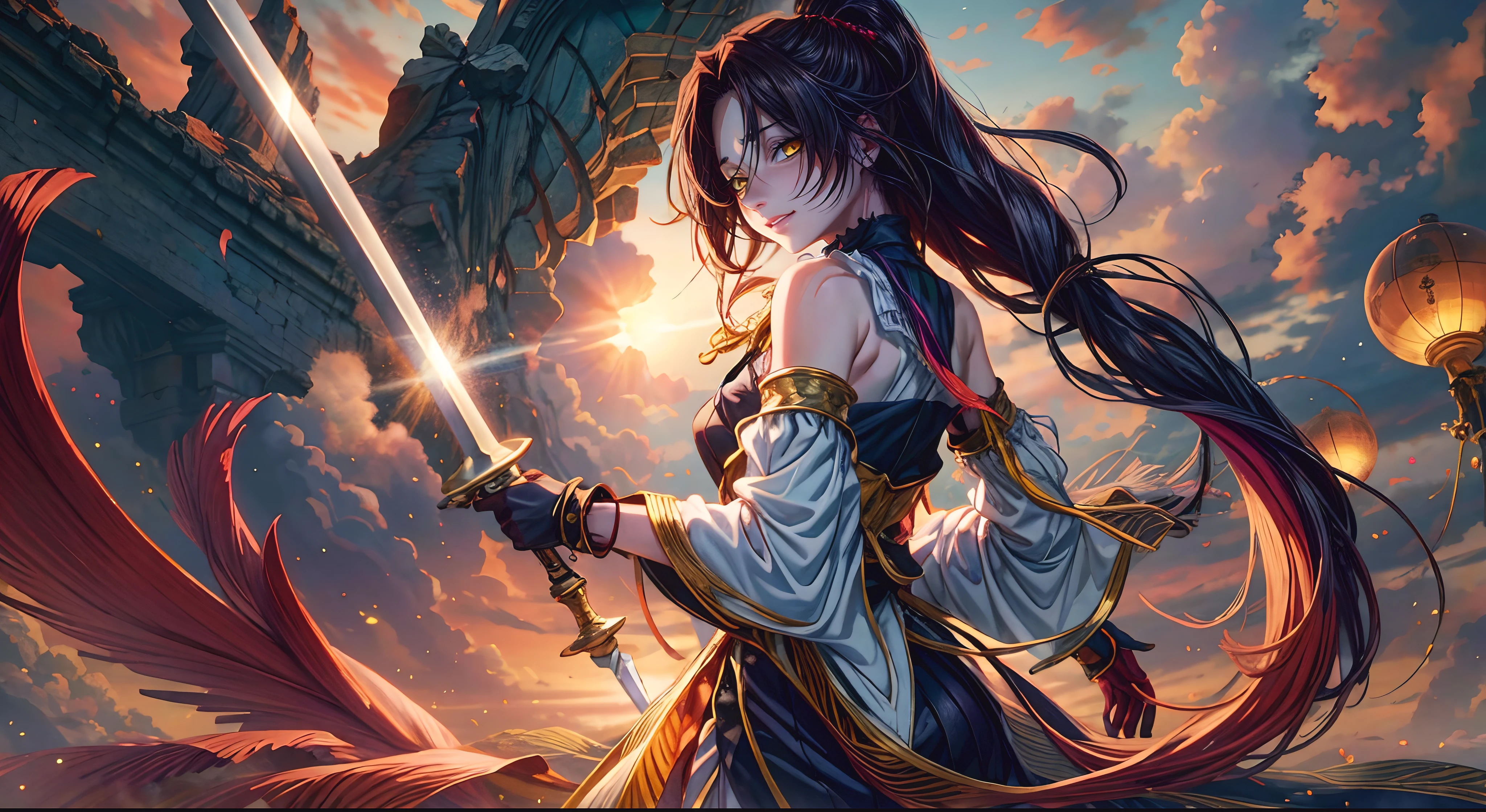 (shaded face:1.2), hollow eyes, yellow eyes, looking at viewer, heavy breathing, smirk, uppert teeth, long hair, black hair, yellow eyes, forehead, weapon, 1girl, sword, breasts, holding, holding_weapon, solo, hair_ornament, black_hair, wide_sleeves, holding_sword, bare_shoulders, detached_sleeves, very_long_hair, bangs, floating_hair, sunset, looking_at_viewer, standing, medium_breasts, gloves, long_sleeves, "glow effects, godrays, Hand drawn, render, 8k, octane render, cinema 4d, blender, dark, atmospheric 4k ultra detailed, cinematic, Sharp focus, big depth of field, Masterpiece, colors, 3d octane render, 4k, concept art, trending on artstation, hyperrealistic, Vivid colors, extremely detailed CG unity 8k wallpaper, trending on CGSociety, Intricate, High Detail, dramatic", sweating, steaming body, fog, (anime coloring, anime screencap:1.5)