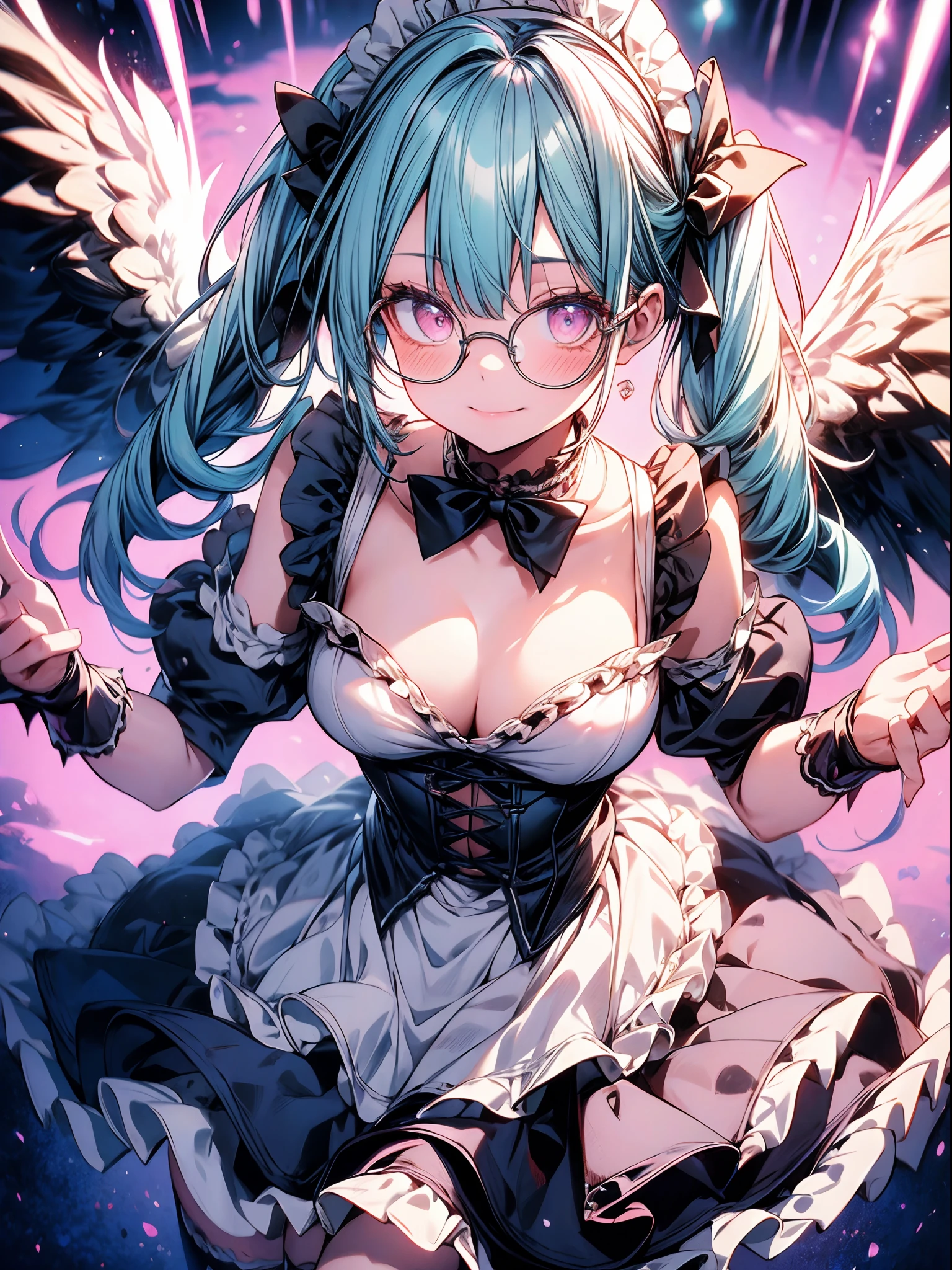 absurderes,Best Quality,Insanely detailed,1 cute lovely girl,Cute smile,Peace,short drill twin tails,aqua hair,Pink eyes,(Round glasses:1.2),(Maid costume:1.2),maid hair band ,Ruffled short skirt ,striped knee-length or above,maid apronl,cleavage,(sagging boobs:1.2),(from above :1.2),Cute Pose,Professional Lighting,Cinematic Angel,vivd colour,Bright tones,Hyper realistic, Perfect Anatomy, Perfect five fingers