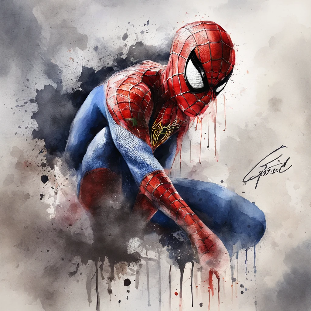 Portrait of Spider-Man ， （Best quality， tmasterpiece）， 1人， looking at viewert， face guard ，cobweb， Story background， upper part of body， Contemporary，spiderman outfit。[dot paper effect]