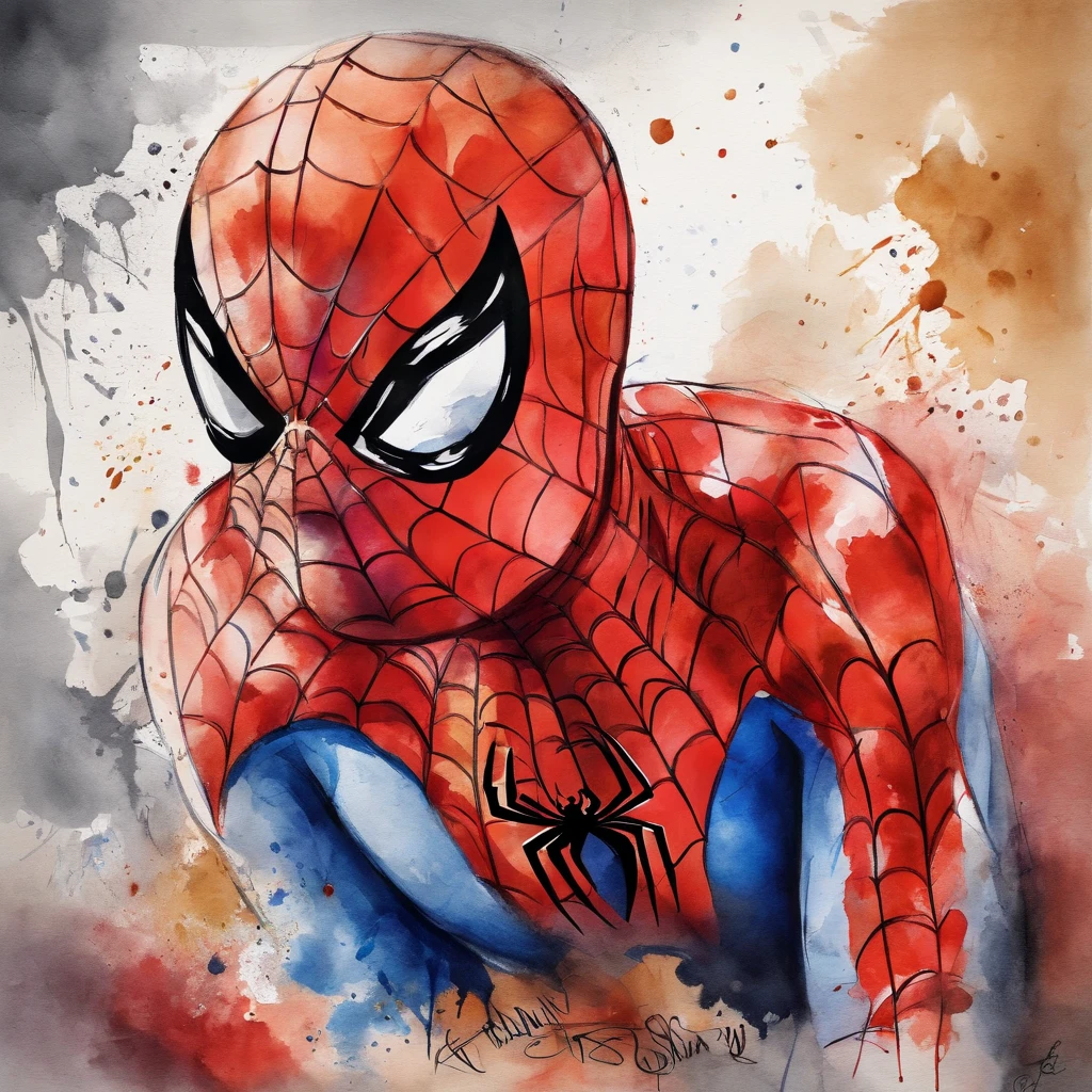 Portrait of Spider-Man ， （Best quality， tmasterpiece）， 1人， looking at viewert， face guard ，cobweb， Story background， upper part of body， Contemporary，spiderman outfit。[dot paper effect]