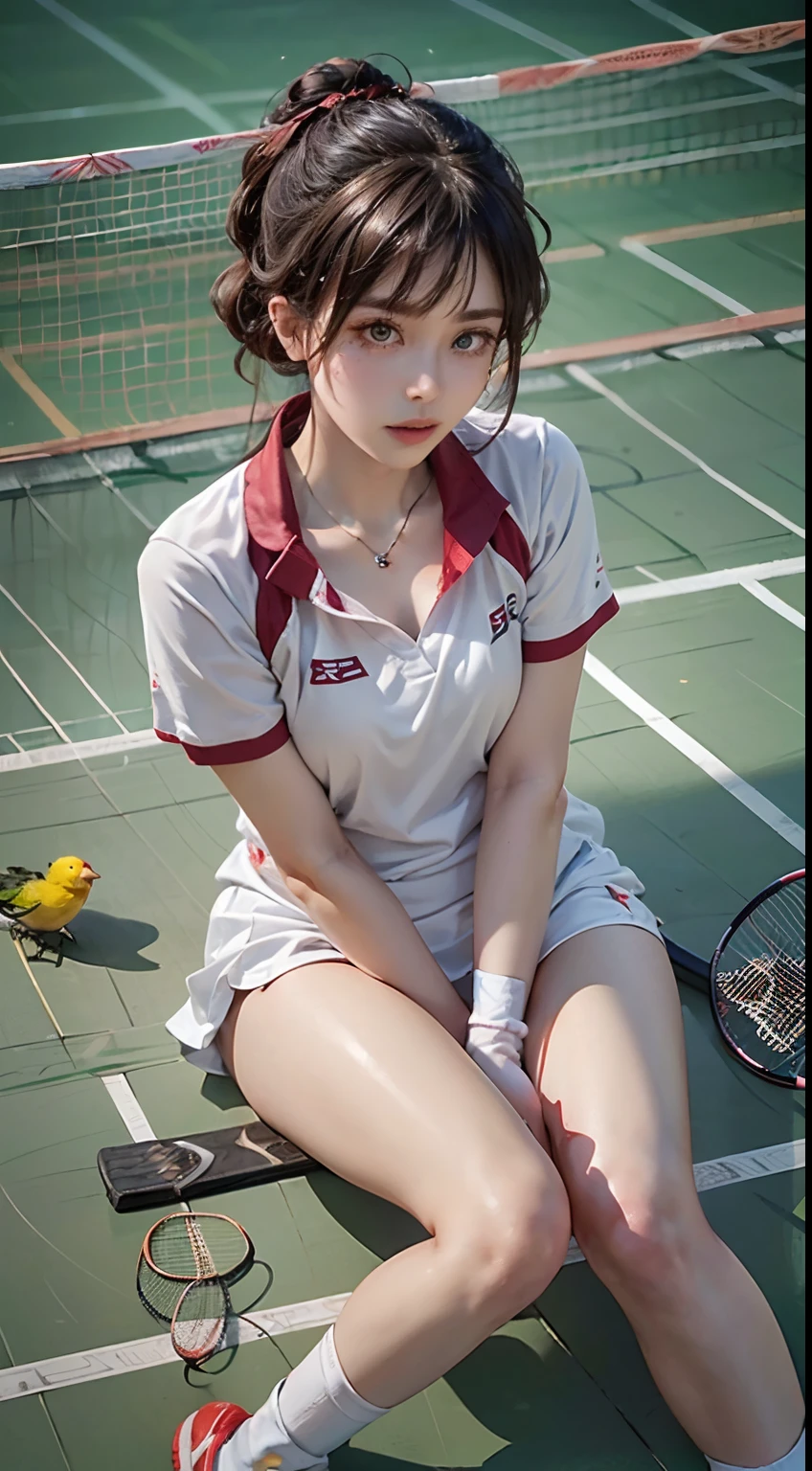 (bird's eyes view, Badminton player:1.5), Accurate anatomical details:1.5, tmasterpiece, top-quality:1.5, (actual:1.4), (RAW photogr:1.4), Incredibly detailed CG Unity 8K wallpapers, Exquisite, Meticulous attention to detail, offcial art, (Beautiful eyes and face:1.5), The eye details are exquisite,face glowing, one-girl, Short hair details, (Full body photo:1.5), Badminton costume:1.5, Badminton court, Sitting on the badminton court, There are many badminton balls on the ground.