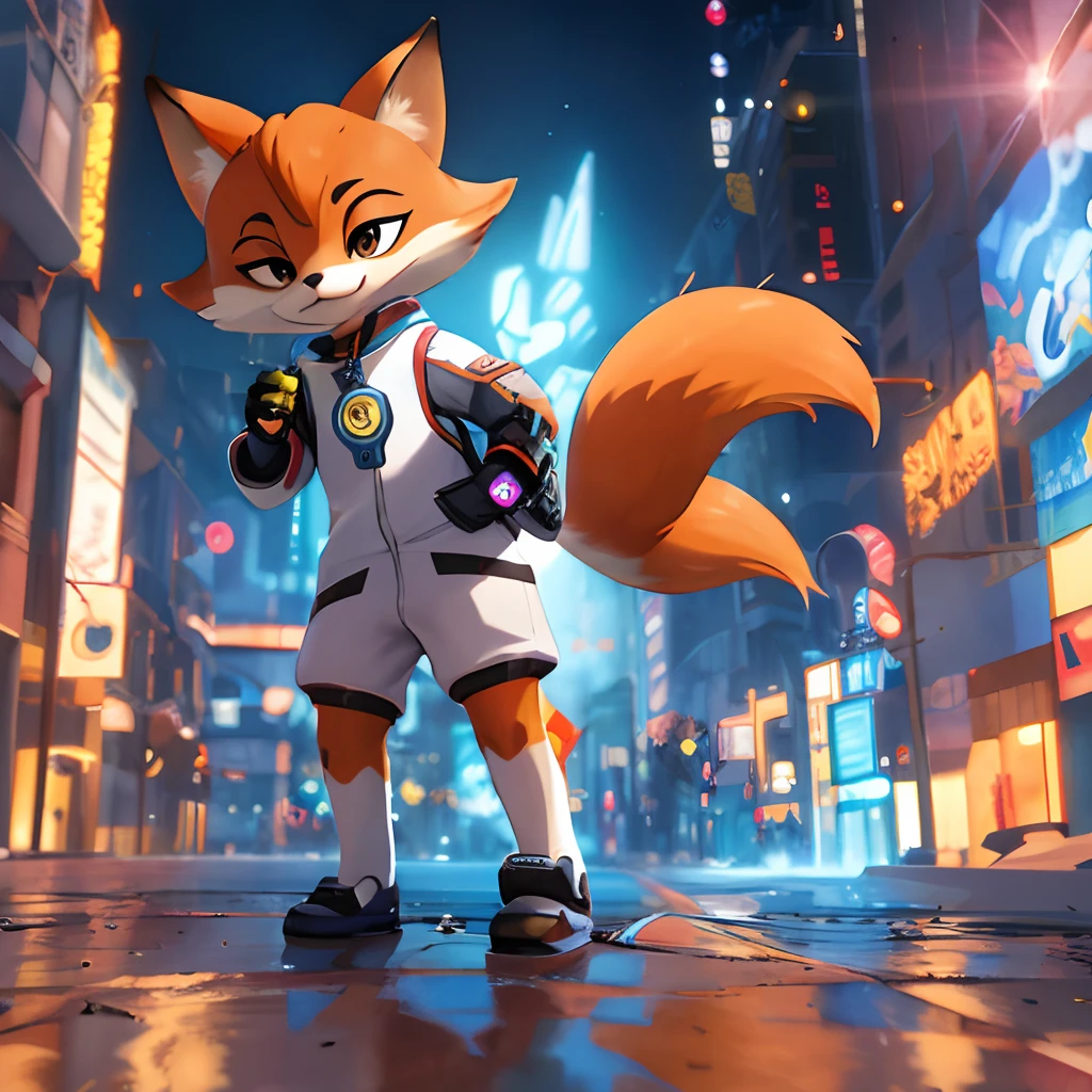 Close-up of a cartoon fox wearing a techno-iron glowing spacesuit standing on a city street, Artie Guéland 8K, in zootopia city, ross tran 8 k, an anthropomorphic cyberpunk fox, Hot topics on artstation 4k, digital fox, The movie is still in 8k, Made by Pixar《Zootopia》. a 3D render, Wojtekfors, stylized 3d render, Wallpaper 4k