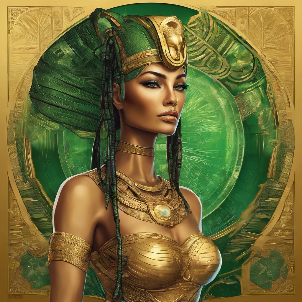 best quality, portrait of a beautiful, curvy woman with green eyes, in futuristic headdress inspired by an ancient egypt king and Cleopatra, Tutankhamun, normal skin, some pores in the skin are visible, snake, gold, silver, stones, scarab beetle, microchips, integrated electric circuits, cabels, electric glow, retro futurism, beach in sunset, warm glowing sunset, palm trees, mecha-girl, human machine integration, long skirt in gold, in her hand she is holding a golden spire, posing by a palm tree