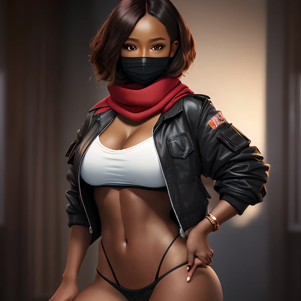 dark skin Woman with tiny tits and large huge Buttocks muscles, Womanly, Womancore, attire: (jacket scarf mask blouse), skin complexion: (dark skin, glistening skin, beautiful melanin), full body, intensity: [super high resolution, ultra mega highest quality, (Studio soft light, high detail, cinematic lighting, rim lighting), masterfully shot on Fujifilm superia.] --auto --s2