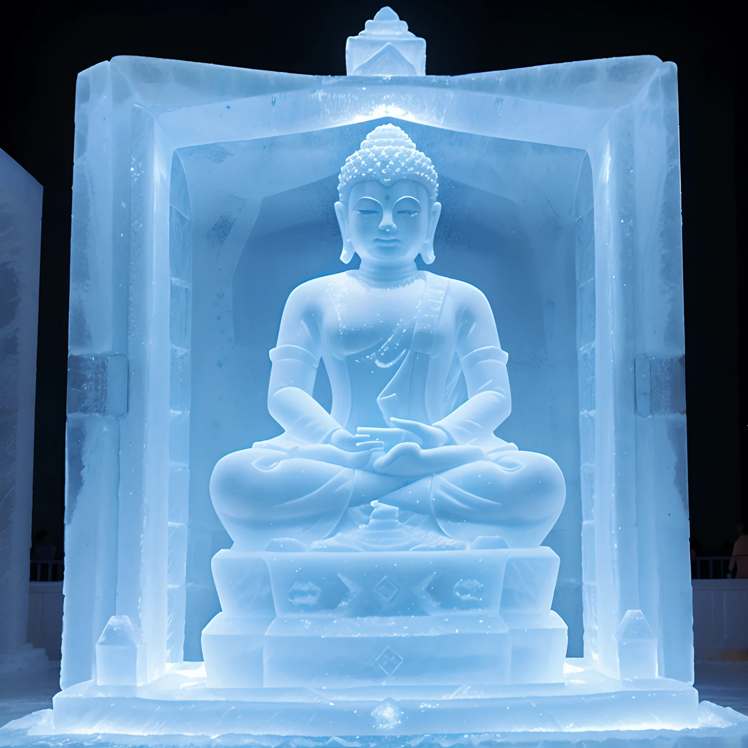 Nagaprok Buddha statue Set amidst the snow Behind there are pine trees.