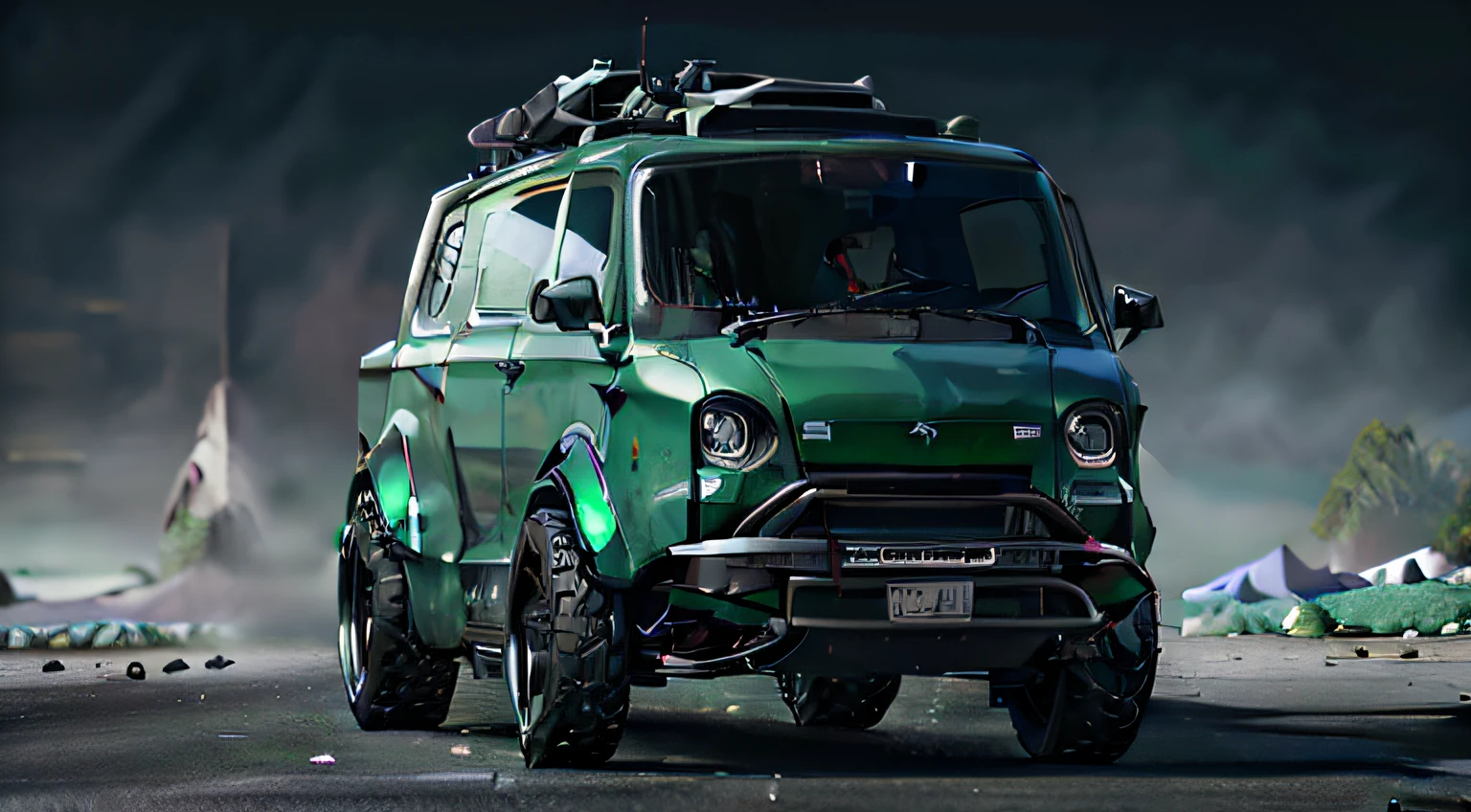 there is a green car with a surfboard on top, adventure hyper realistic render, pbr render, highly detailed render, Rendering with Substance Designer, frontal perspective, 4 k octan render, Cinematic frontal shot, vehicle concept photo!!, High Poly Vray, Trends in automotive design, 8K octane 3D rendering, Maya 8 K