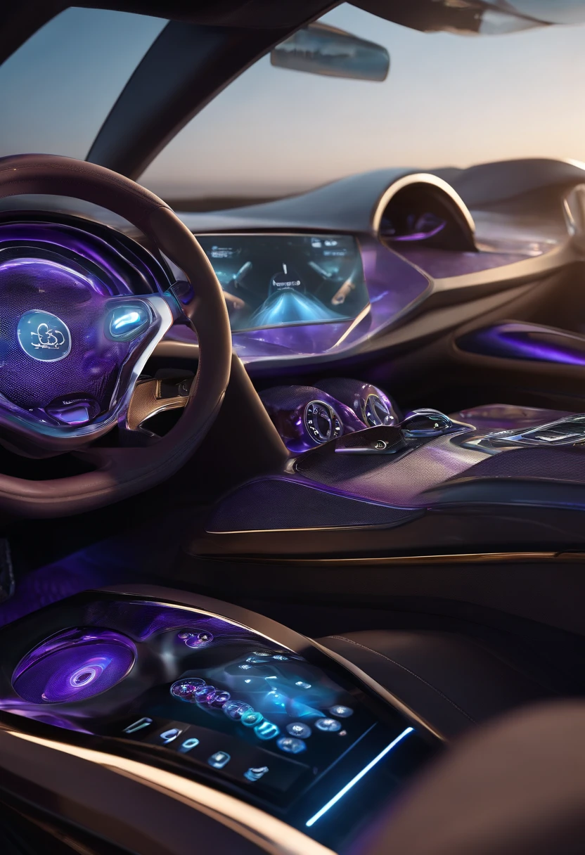 Close-up of car dashboard with steering wheel and touch screen, The console is tall and majestic, Inside the car, There is a grand inside, indoor background, Very detailed interior, 🦑 designs, F 2. 0, from me, advanced technique, Efficient,geometric design, honeycomb structure, Metal construction,futuristic art,Purple and blue swirly objects in sea water, Abnormally complex 3D rendering, Cycle4d rendering, soft 3d render, ocean-like art,Super rich detail,long flowing fins, tail of dipstick, courtesy of mbari, translucent wings, transparent wings, flying over the ocean,Close-up of colorful feathers, swirling energetic ripples,