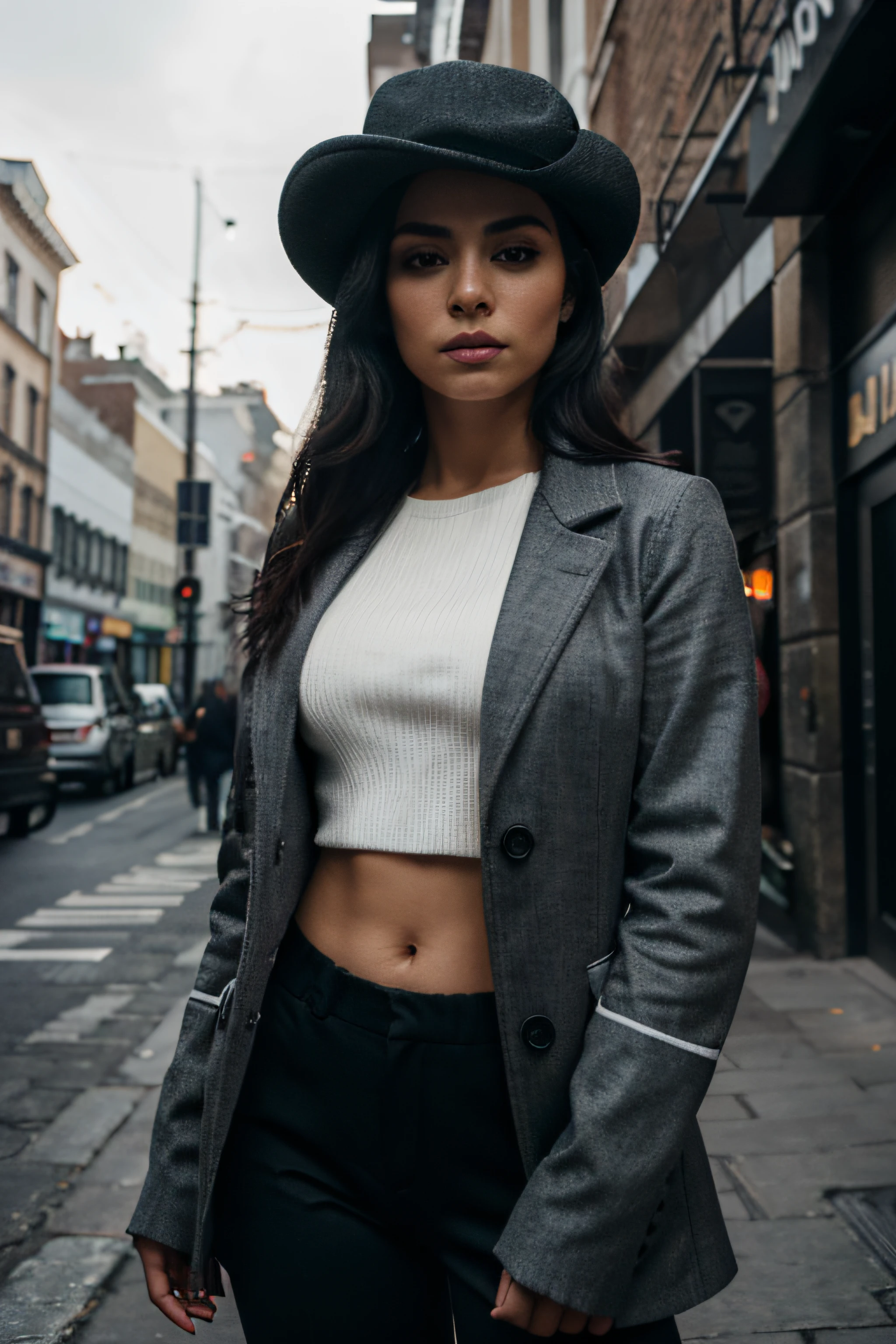 Beautiful 30 years old Mexican woman named Panam Ramirez, poses in the city of Birmingham, black coat, grey pants, white sweater, Peaky Blinders cap, serious look, RAW photo, dynamic pose, long black hair, high detail face, direct look, high detail hands, high detail eyes, ultrarealistic, full posture photo, Nikon, dark shot, ultra detail, 4K cinematic