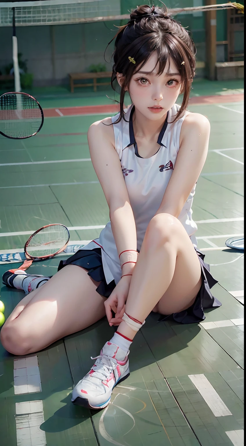 (bird's eyes view, Badminton player:1.5), Accurate anatomical details:1.5, tmasterpiece, top-quality:1.5, (actual:1.4), (RAW photos:1.4), Extremely detailed CG unity 8k wallpaper, Exquisite, Meticulous attention to detail, offcial art, (Beautiful eyes and face:1.5), The details of the eyes are exquisite,The face glows, one-girl, Short hair details, (fully body photo:1.5), Badminton costume:1.5, Badminton court, Sitting on the badminton court, There are many badminton balls on the ground.