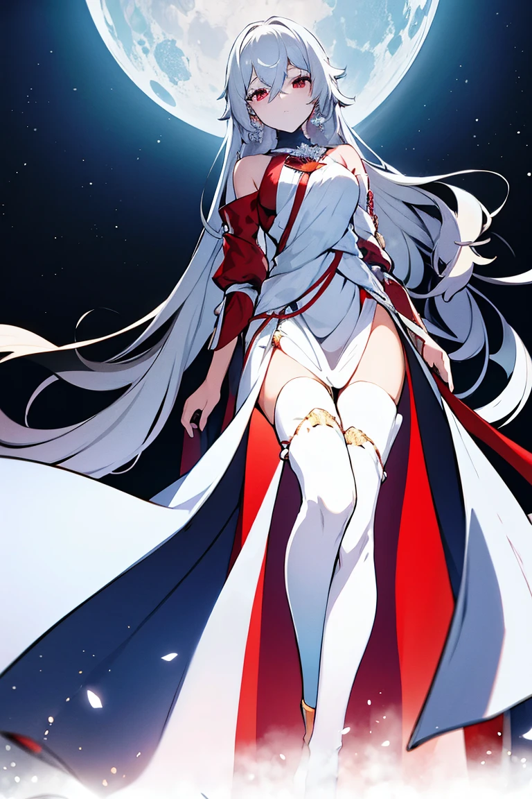 White-haired woman,Red aura around,Beautiful red eyes,White gauze dress, thin, It covers all vital organs except the face........., Wear a knee-length white dress..........,The arm does not reach the top of the hip..........,The arms are small........, But the ligaments are very large..........,Soft hands,at night,red moon,turned sideways,Hair piercing
