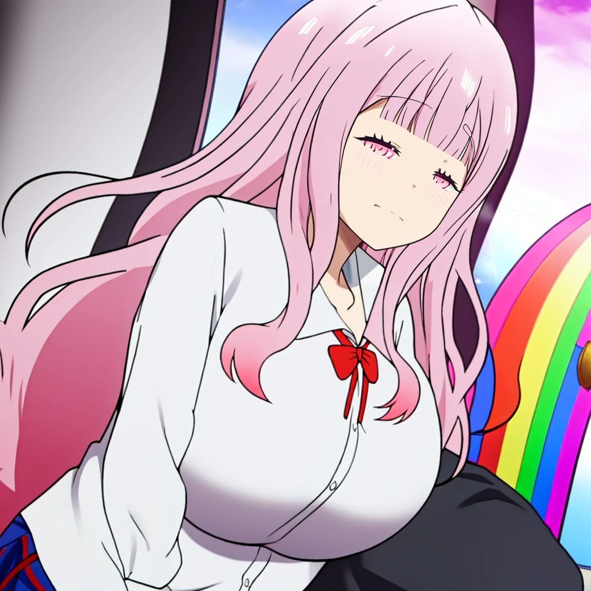 charm22,  cute face, tall girl, wearing school uniform, huge breasts, rainbow pink long hair,Fujiwara Chika