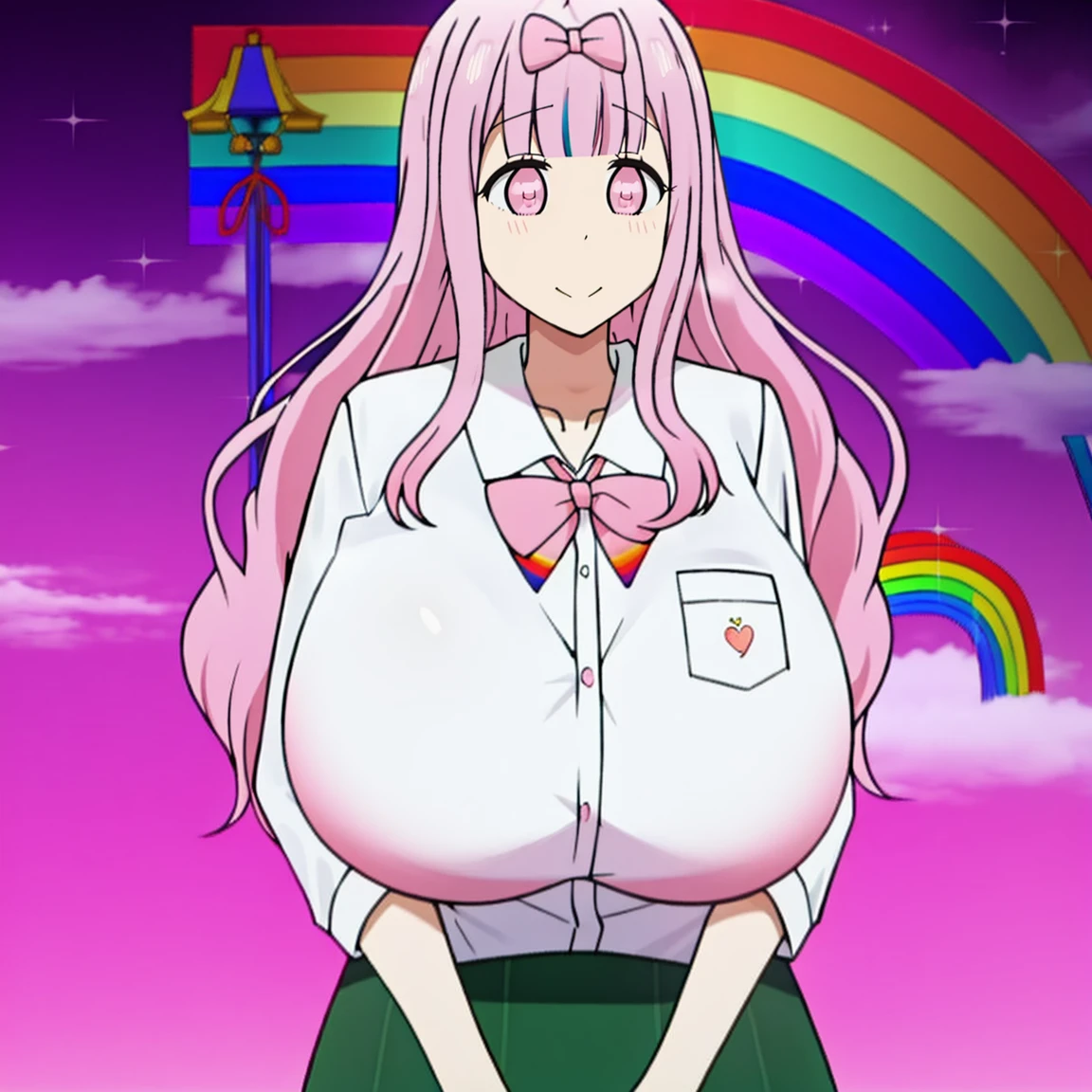 charm22, cute face, tall girl, wearing school uniform, huge breasts, rainbow pink long hair,Fujiwara Chika