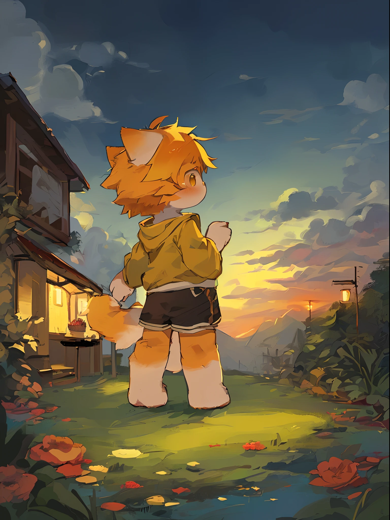 Masterpiece, high quality, absurd resolution, digital painting \ (artwork \), by dagasi, yupa, kiyosan, (fluffy fur,orange fur, full body fur,) boys, one person, yellow hair, shorts, cat feet, ,character turn back, Detailed background, cloud background, night, yellow jacket