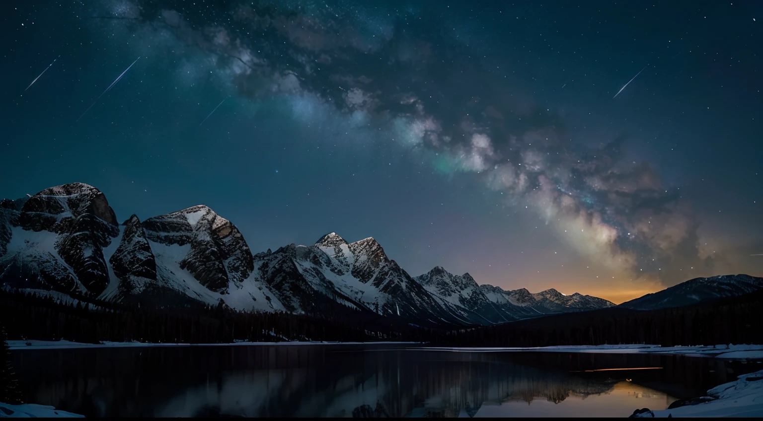 Visualize a majestic mountain range silhouetted against a deep, starry night sky. The mountains should have rugged peaks and steep slopes, covered in snow or dense forest. The sky above is scattered with countless stars, forming a breathtaking celestial display. Capture the serenity and stillness of the night, with a crescent moon casting a gentle glow on the landscape. Use a dark color palette to create a sense of mystery and tranquility. Add a touch of magic by incorporating the subtle shimmer of the Northern Lights dancing across the sky, painting it with vibrant ribbons of green, purple, and blue. Consider including a small mountain lake or a winding river at the foot of the mountains, reflecting the starry sky and adding a sense of depth to the scene.
