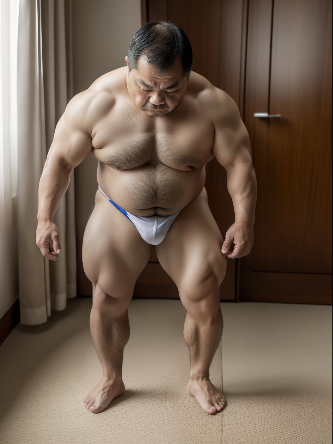 Thick Japan middle-aged man in his 50s, 1man, dwarfism, Standing look down with shrugs, hands between legs, waddle, potty training, crew cut, Wearing a white Briefs, Pampers, shirtless, Bare legs, shy, tearful, sob, Bowleg, nursery school, a picture, high detail photo, Masterpiece