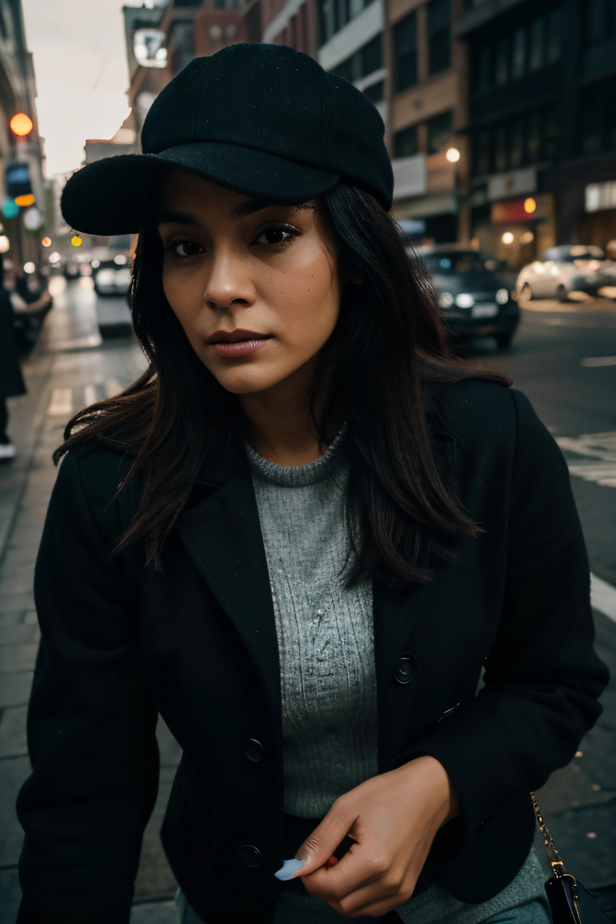 Beautiful 30 years old Mexican woman named Panam Ramirez, poses in the city of Birmingham, black coat, grey pants, white sweater, Peaky Blinders cap, serious look, RAW photo, dynamic pose, long black hair, high detail face, direct look, high detail hands, high detail eyes, ultrarealistic, full posture photo, Nikon, dark shot, ultra detail, 4K cinematic