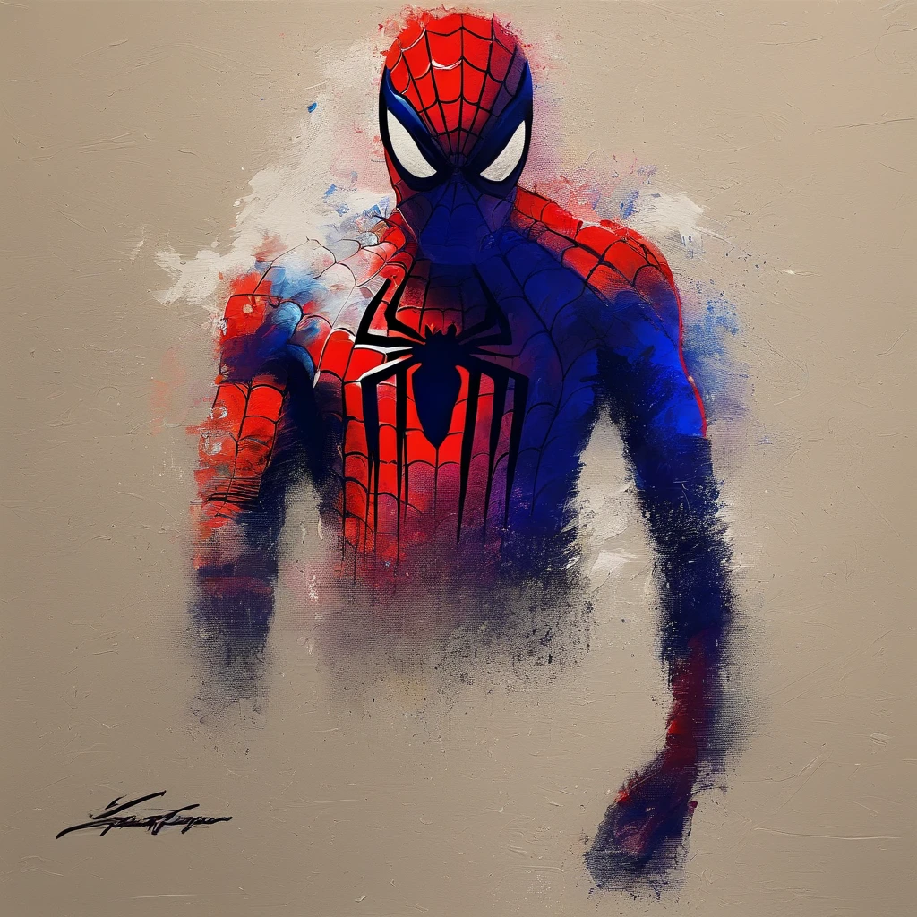 Portrait of Spider-Man ， （Best quality， tmasterpiece）， 1人， looking at viewert， face guard ，cobweb， Story background， upper part of body， Contemporary，spiderman outfit。[dot paper effect]