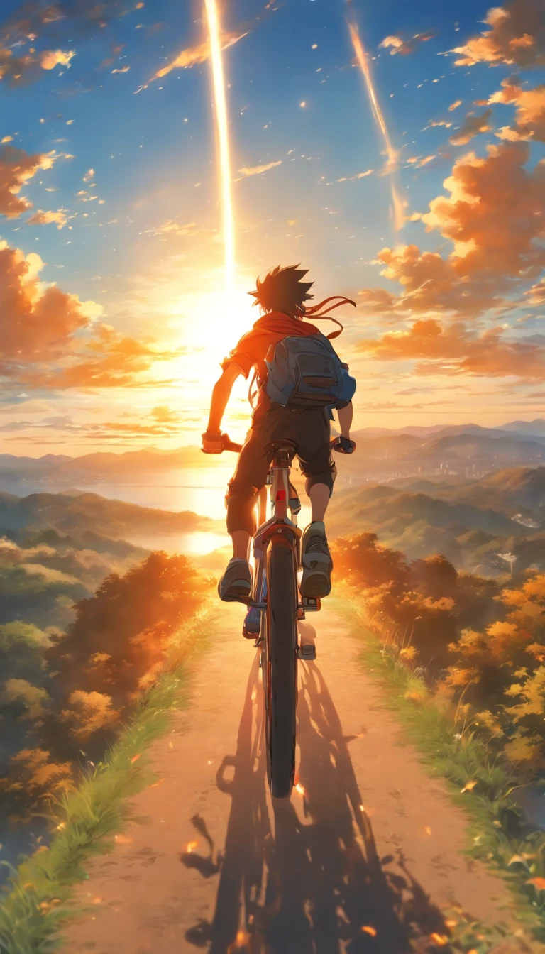 Lunch time、vast scenery、High quality down to the details。young man riding a bike、Rear view、with their face not visible、Beautiful blue sky、glowing sun、A clear sky、fantastic landscape、People are big。