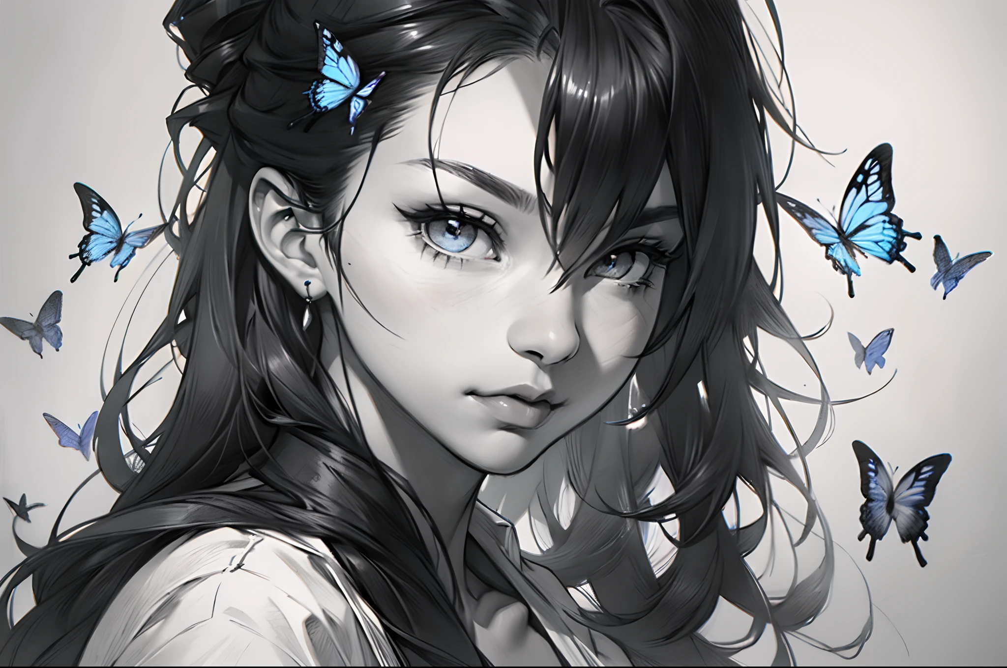 sketching,pencil drawing,A beautiful butterfly,对称,Black and white picture,Black and white art,Black and white illustration,super-fine,Hair is carefully described,The eyes are carefully depicted,best qualtiy,8K分辨率
